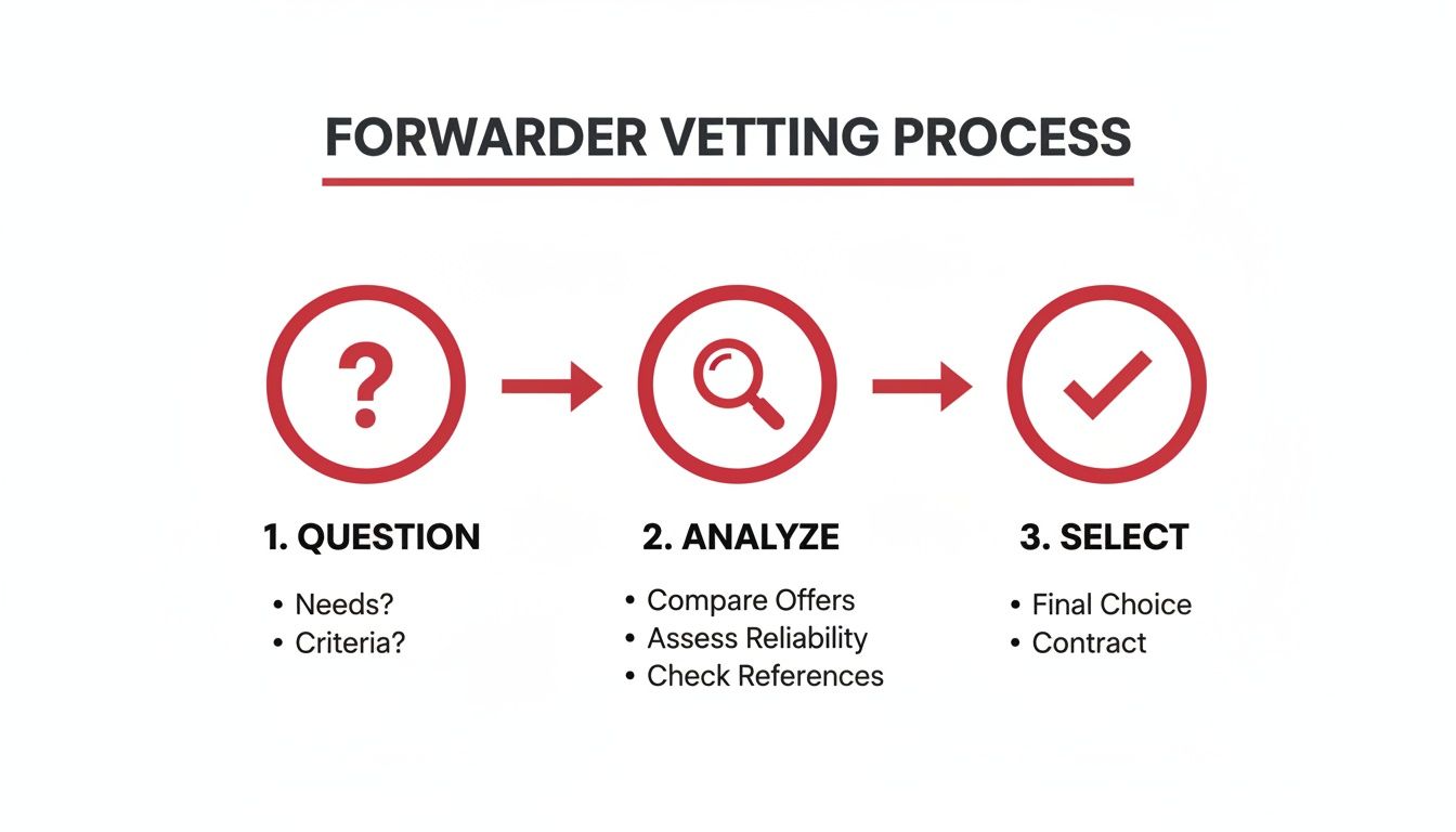 Forwarder vetting process infographic, showing steps to question, analyze, and select a freight forwarder.