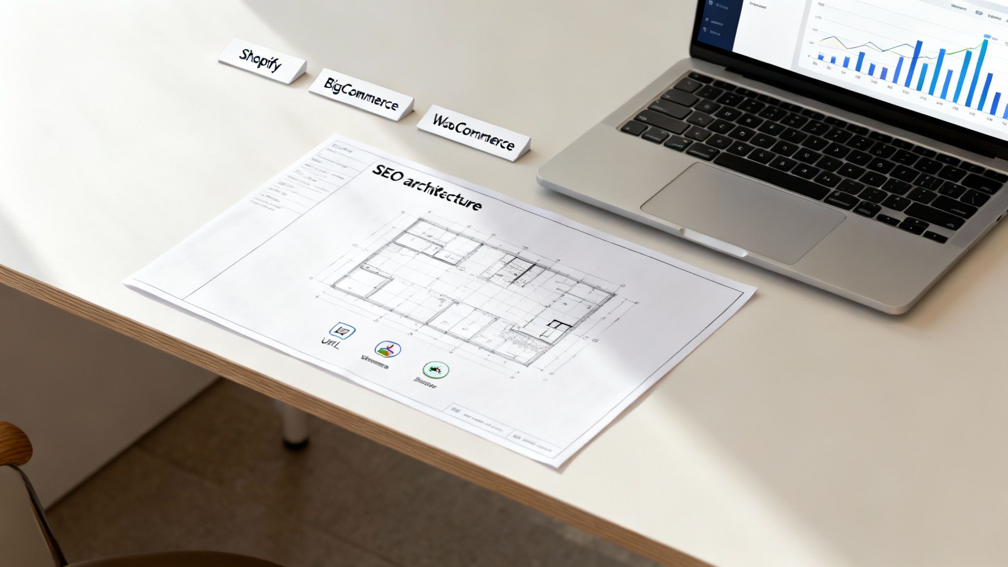 A desk with a laptop displaying charts, an 'SEO architecture' plan, and e-commerce platform labels.