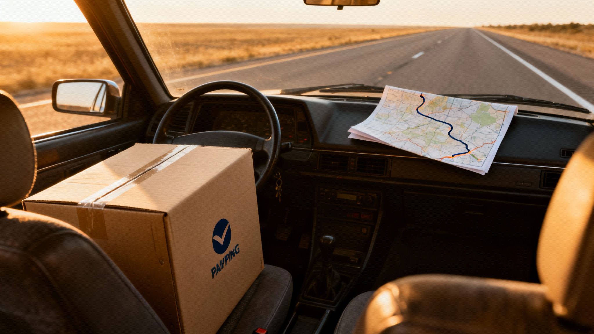 Inside a car, a cardboard box and a road map for a delivery journey at sunset.