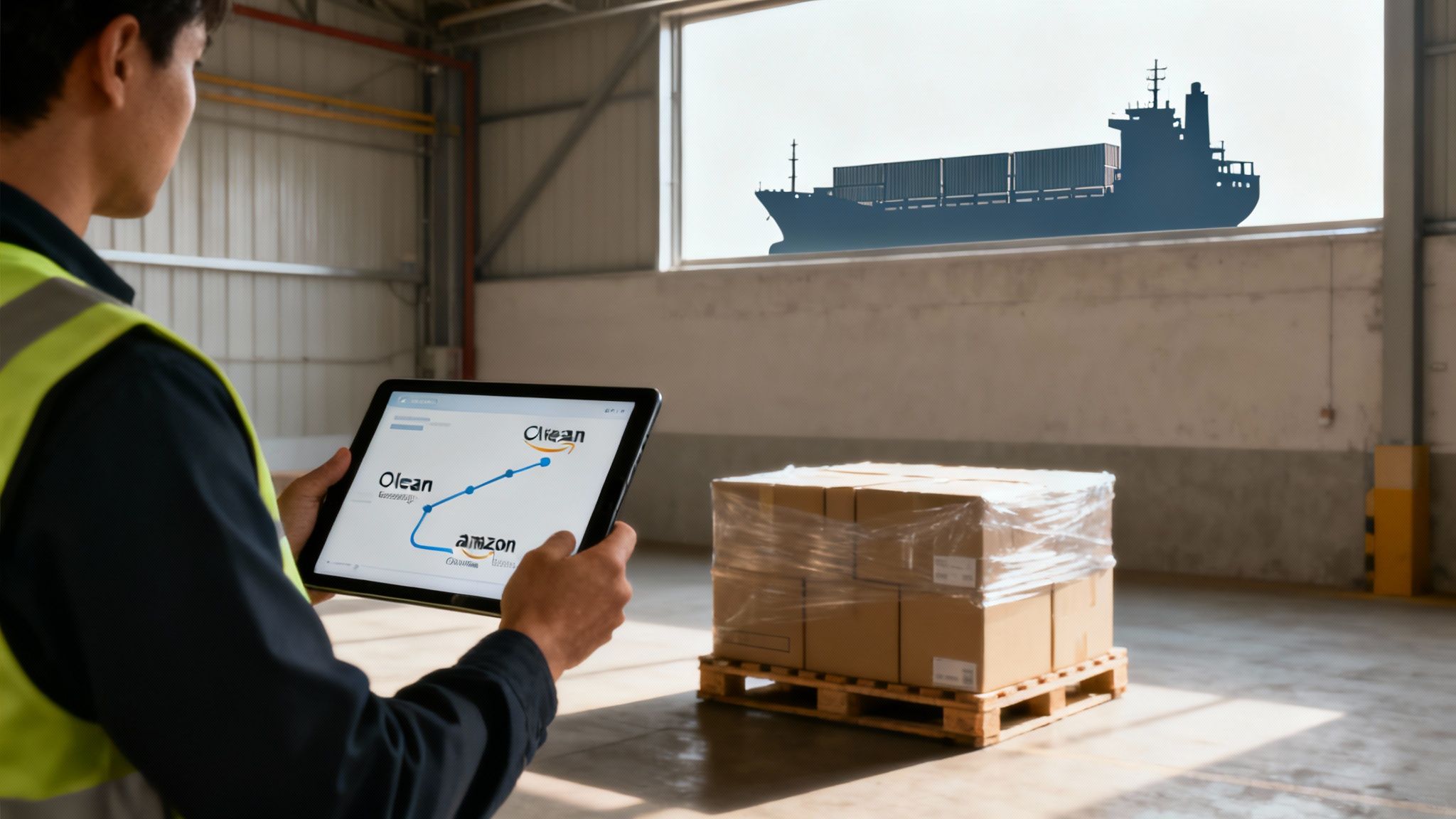 Worker in safety vest holds tablet tracking Amazon FBA logistics, with a pallet and cargo ship visible.