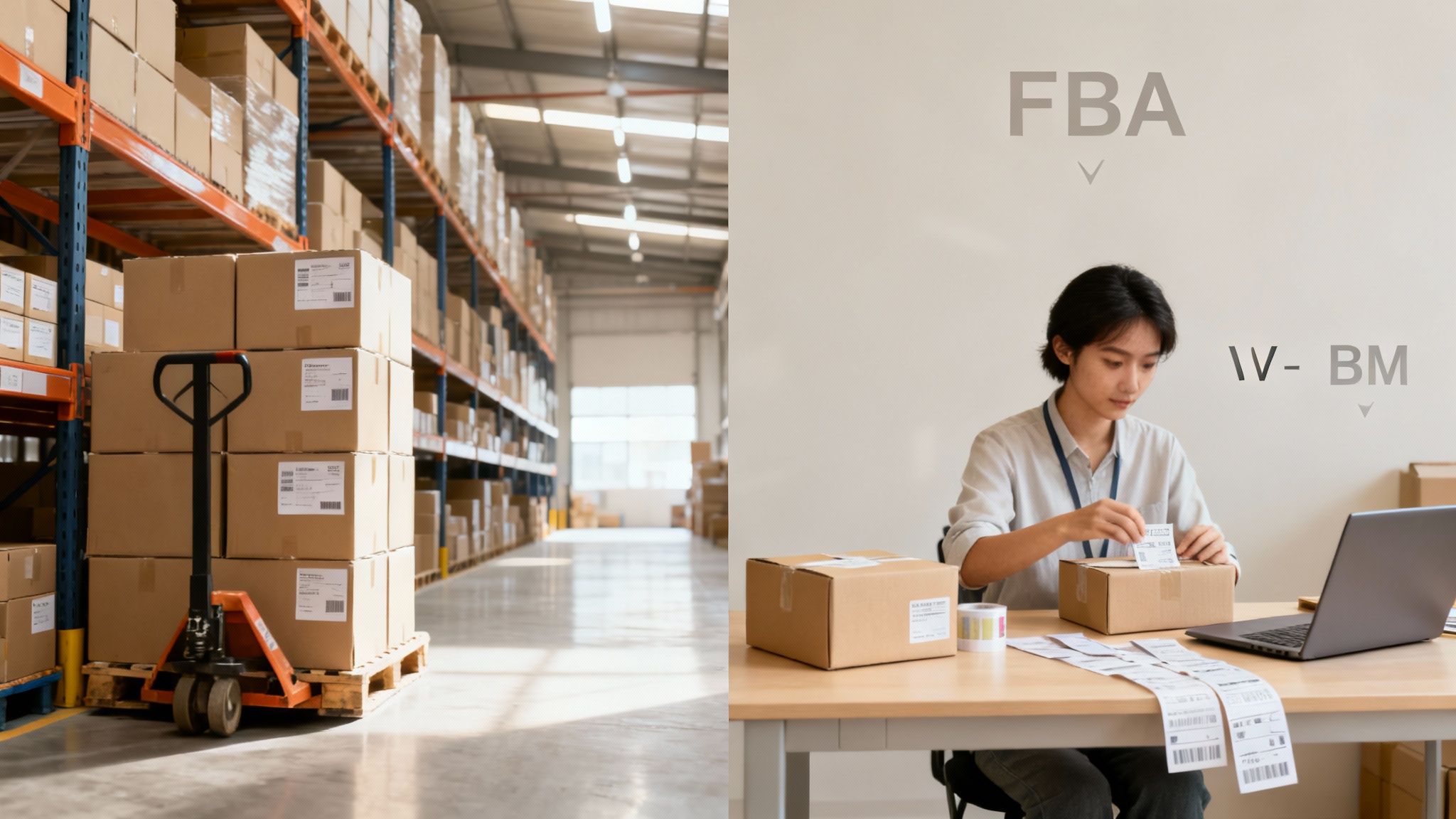 Split image showing a warehouse with stacked boxes and a person packaging orders for fulfillment.