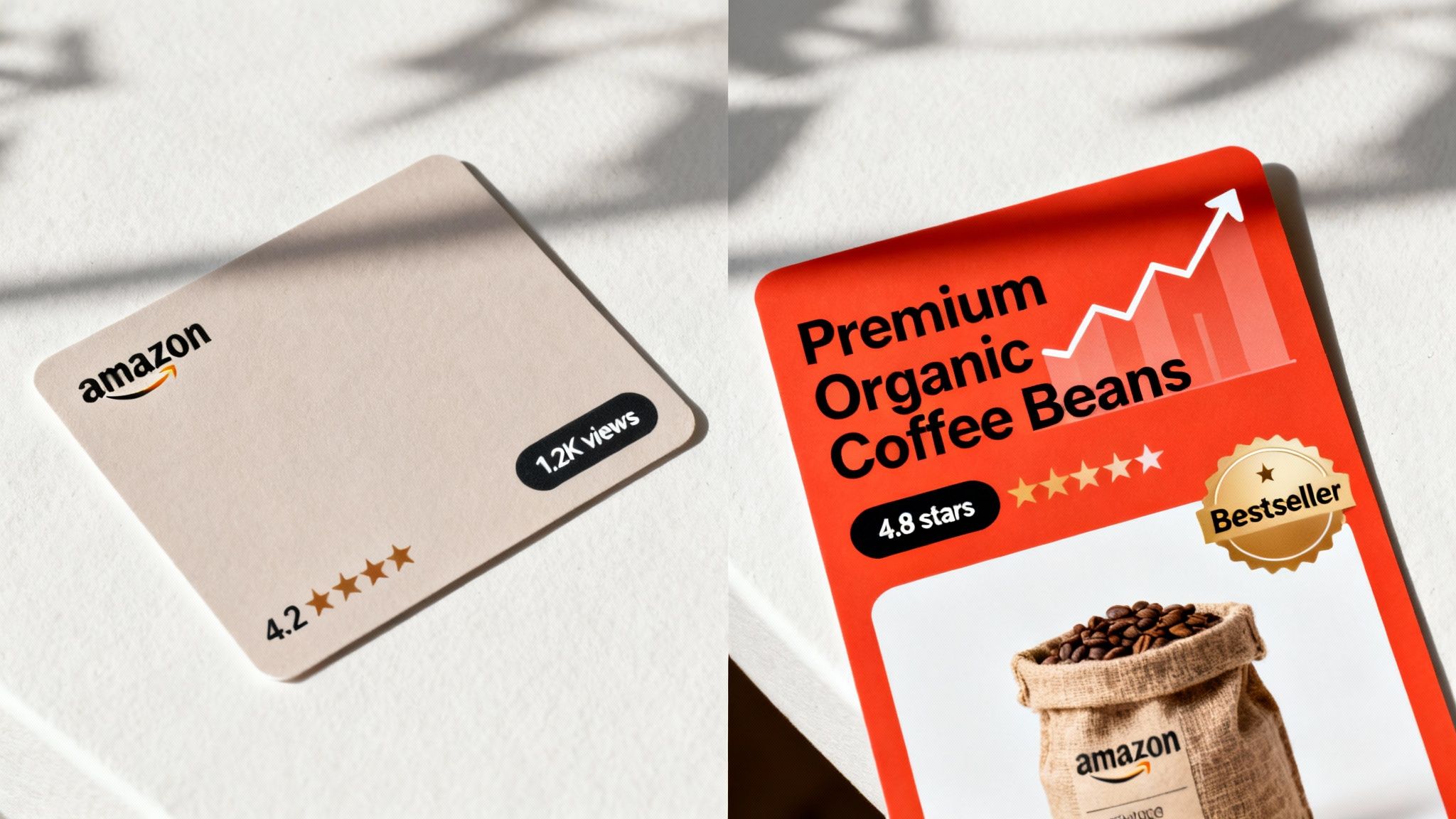 Side-by-side comparison of a basic Amazon product card and an optimized listing for organic coffee beans.