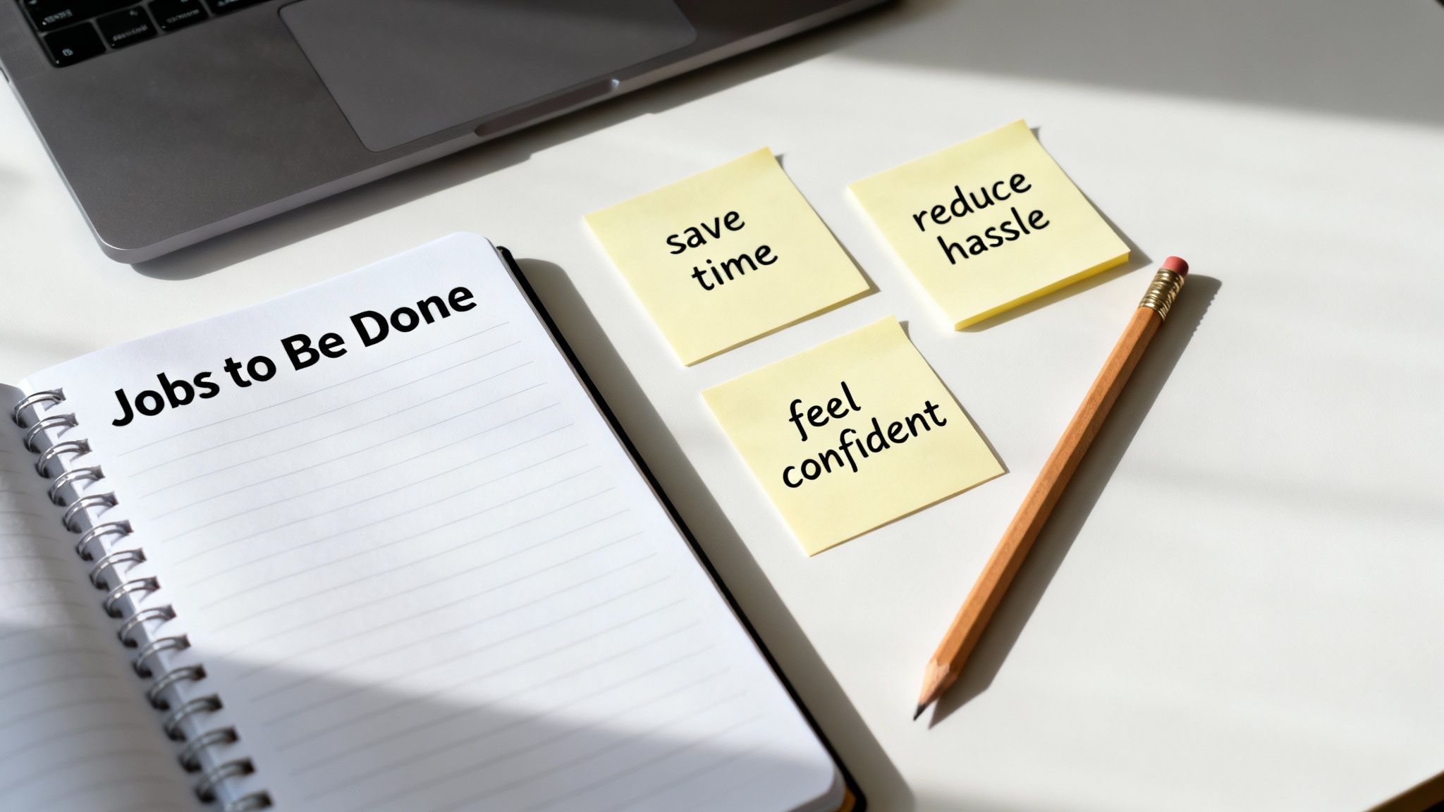 A "Jobs to Be Done" notebook and sticky notes with "save time," "reduce hassle," "feel confident" on a desk.