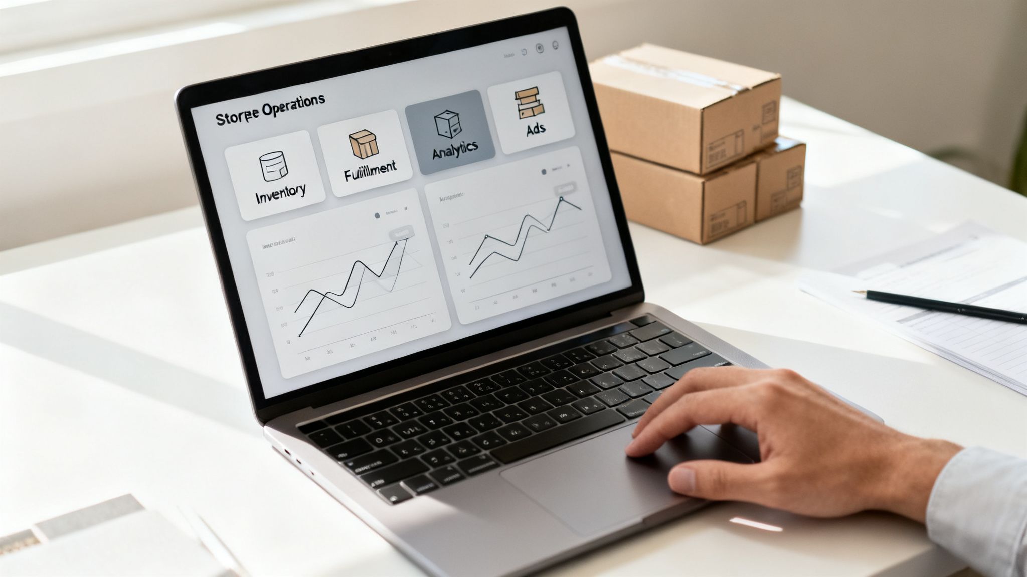 A person's hand on a laptop displaying 'Storage Operations' dashboard with inventory and analytics.