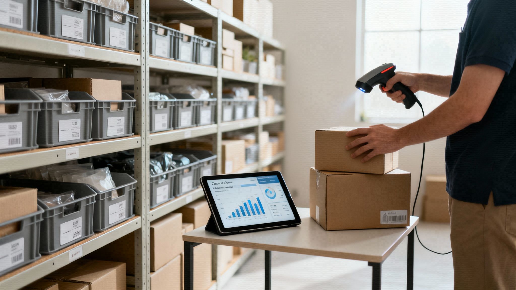 A person scans a package with a barcode scanner in a warehouse with shelves and a tablet showing data.