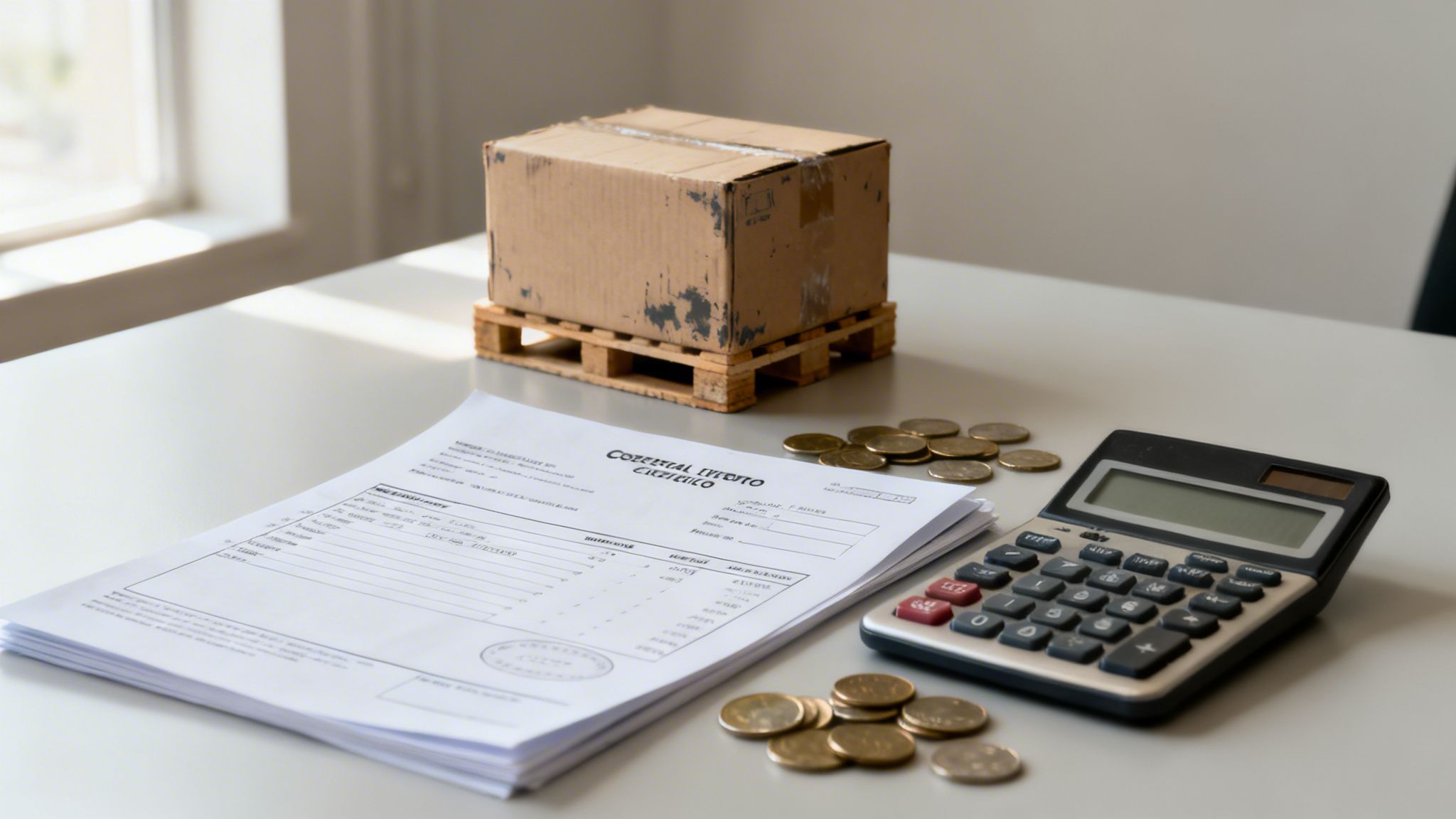 Financial items on a desk, including a box on a pallet, documents, calculator, and coins.