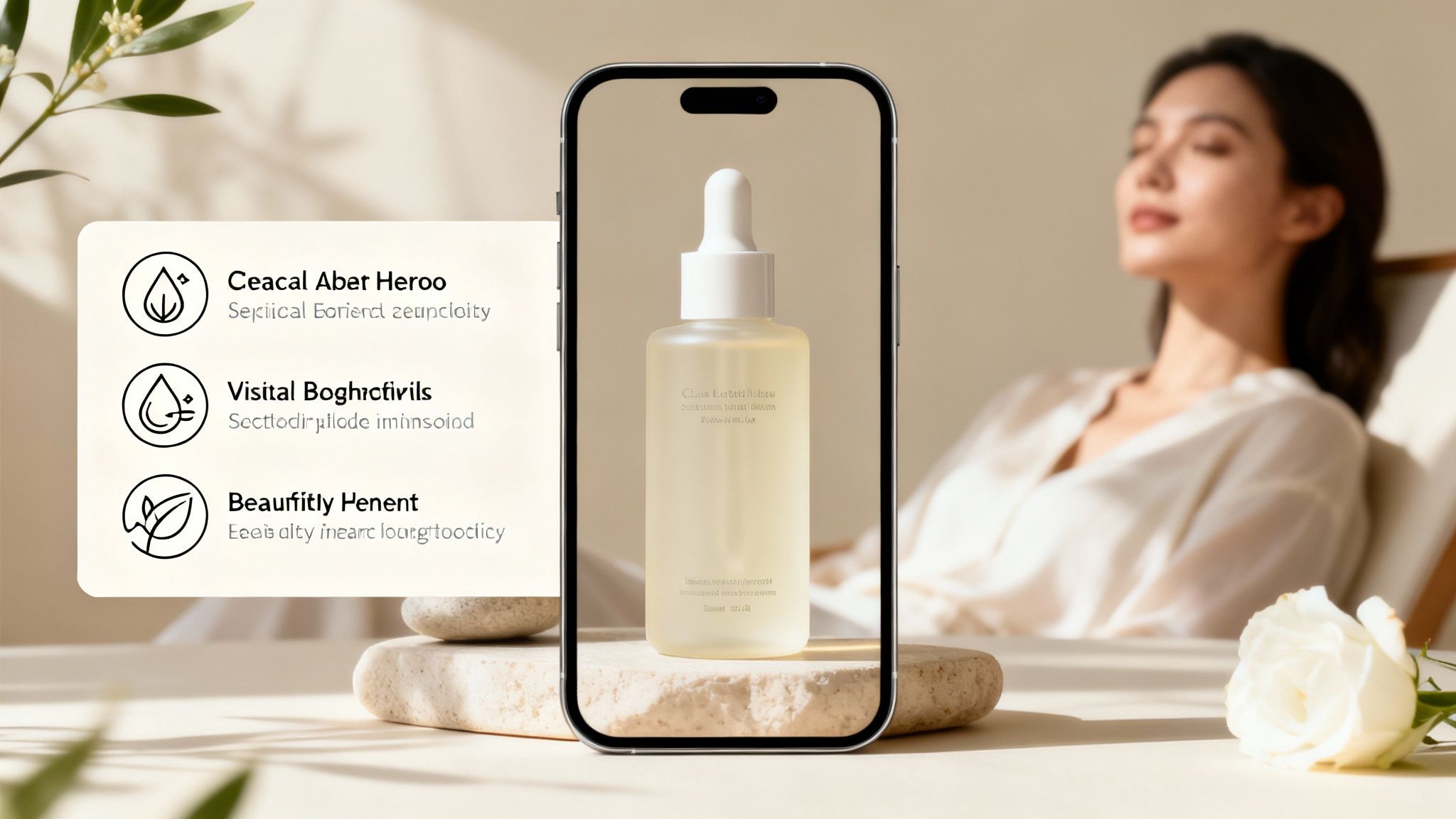 A smartphone displays a skincare serum bottle, next to a list of features, with a serene woman relaxing in the background.