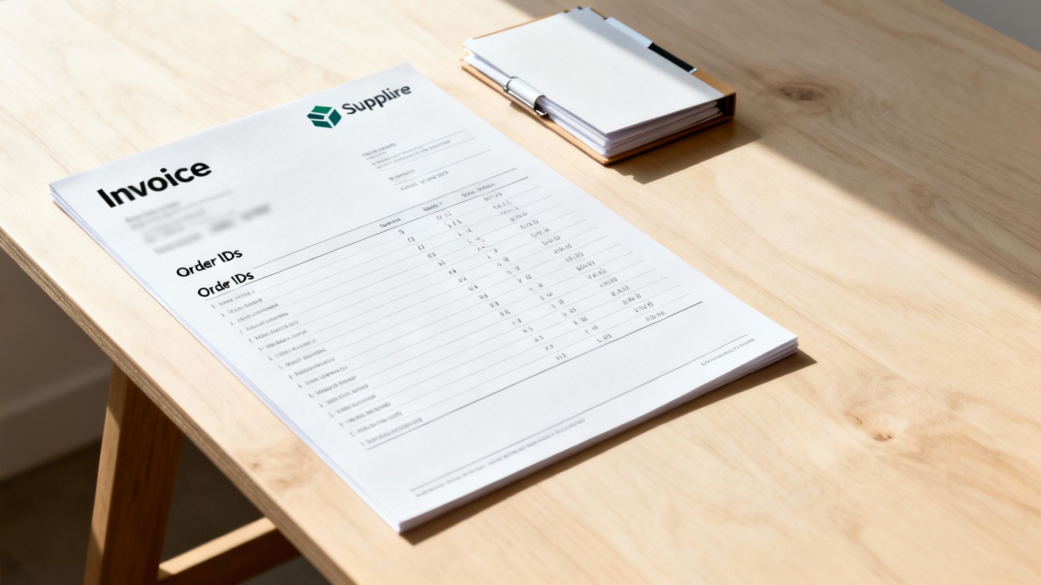 An invoice from Supplire showing order IDs and financial figures on a light wooden table.