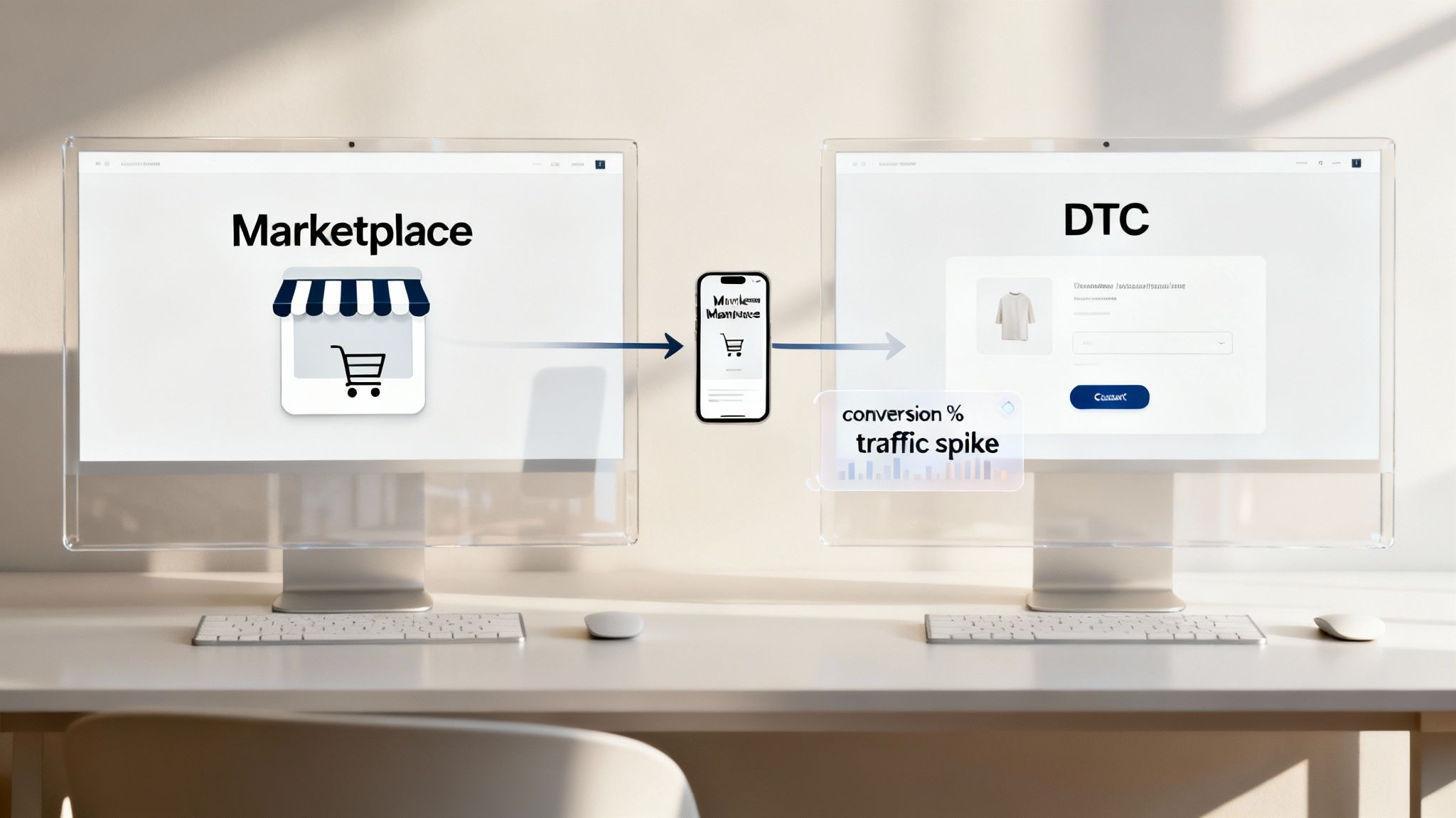 Diagram illustrating e-commerce traffic flow from marketplace to DTC via mobile, showing conversion spike.