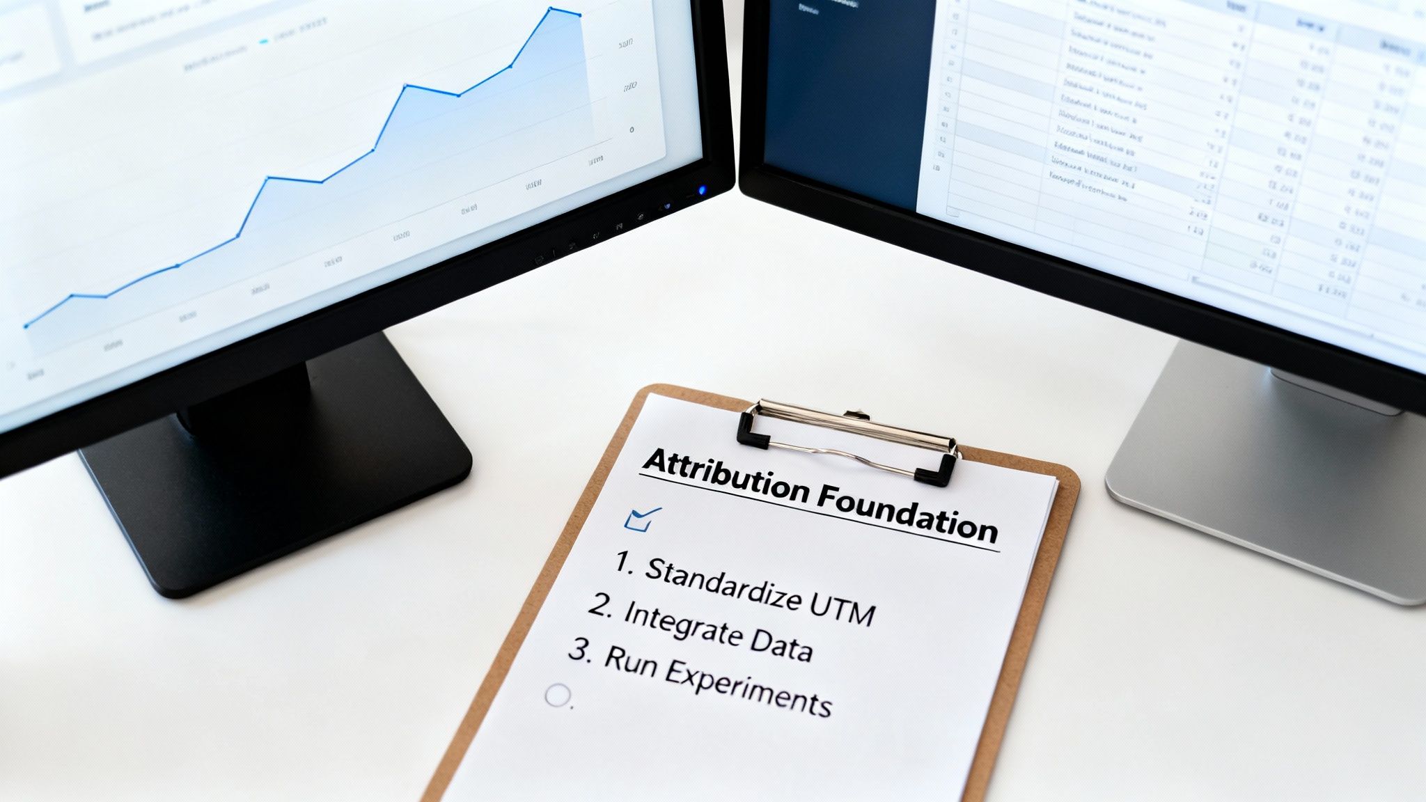 Clipboard with 'Attribution Foundation' checklist near computer monitors displaying data.