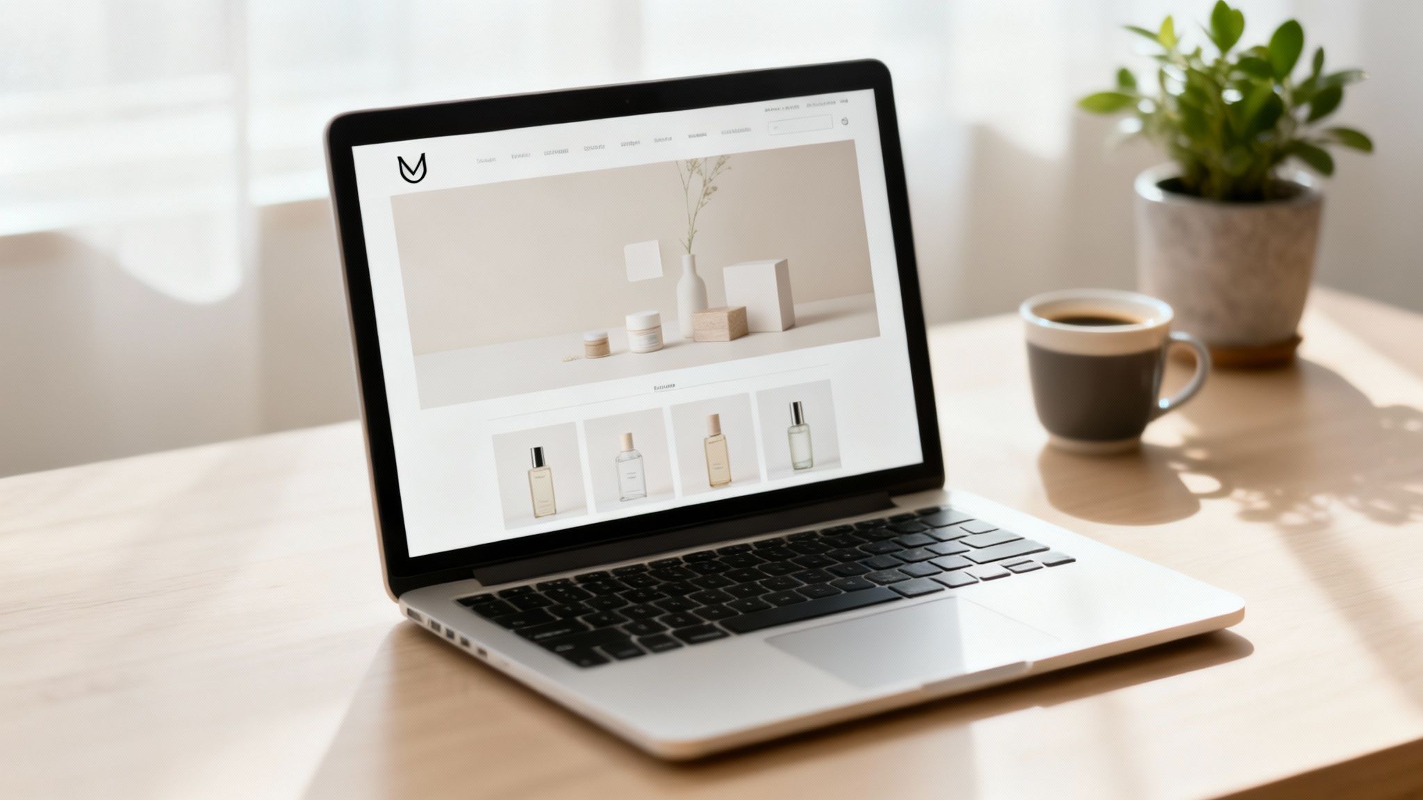 A laptop on a wooden desk displays an e-commerce website with beauty products, next to a coffee cup and a plant.