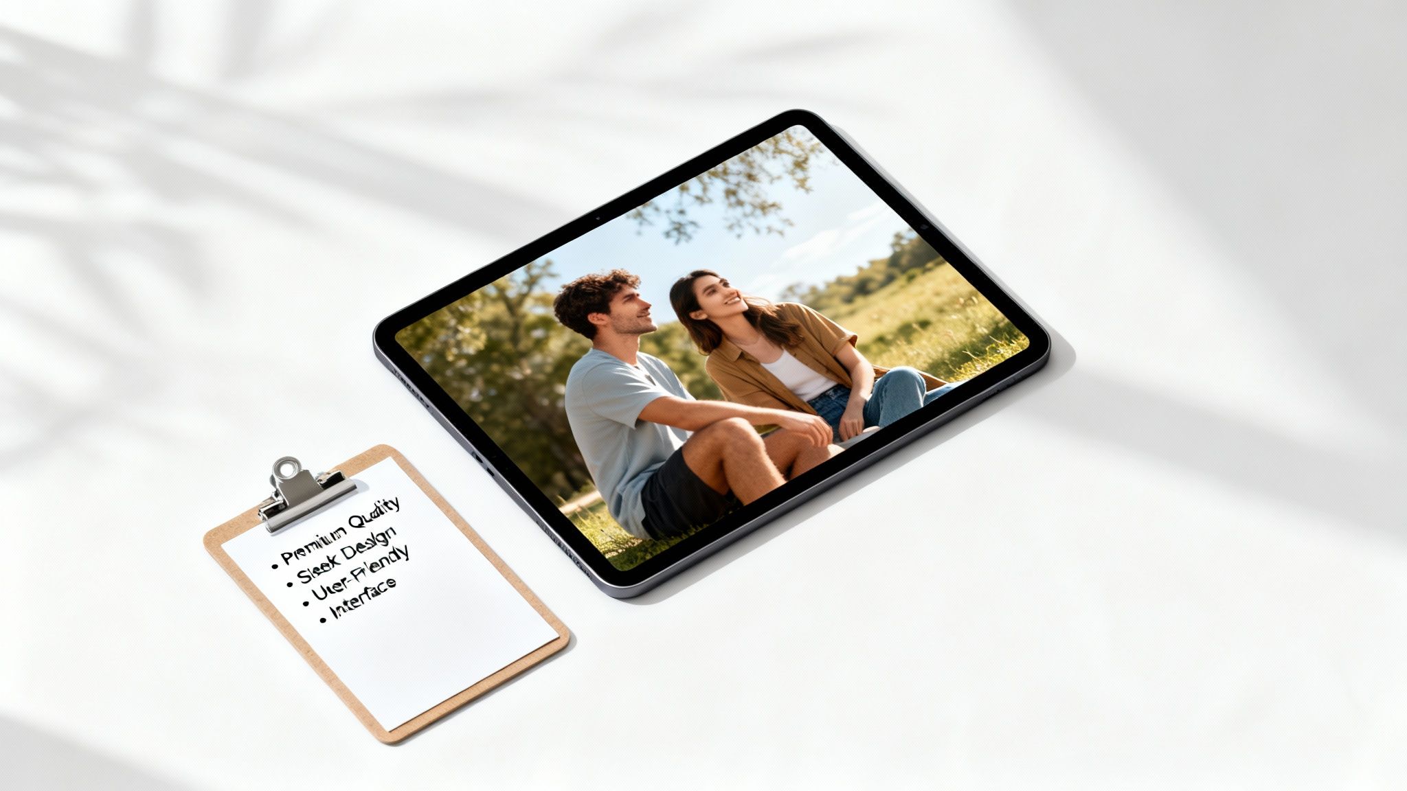 A tablet displays a happy couple, next to a clipboard with a checklist of product features.