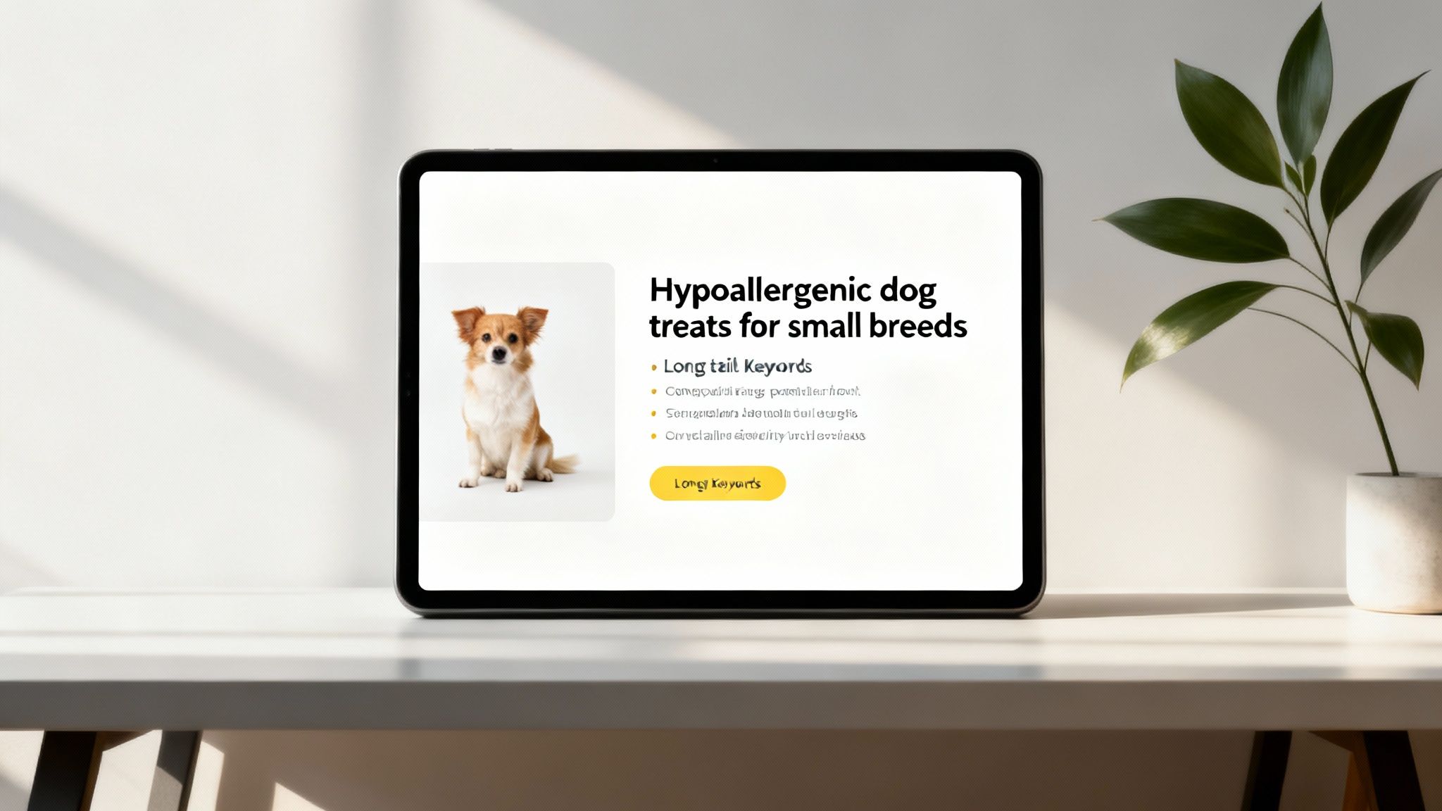 A tablet on a white desk displays a webpage about hypoallergenic dog treats for small breeds, featuring a cute small dog.