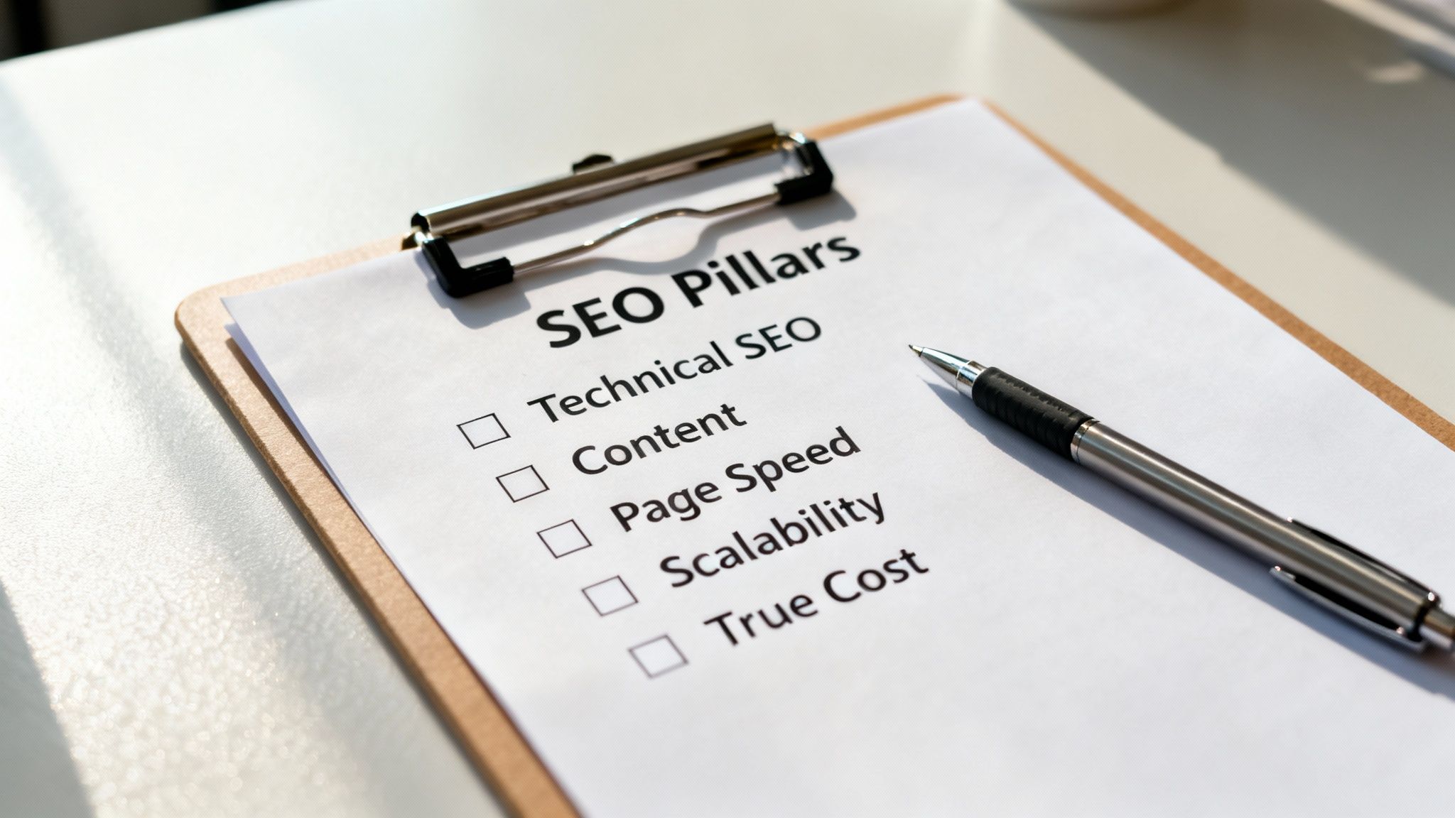 A checklist titled 'SEO Pillars' on a clipboard, listing Technical SEO, Content, Page Speed, Scalability, and True Cost with checkboxes, alongside a pen.