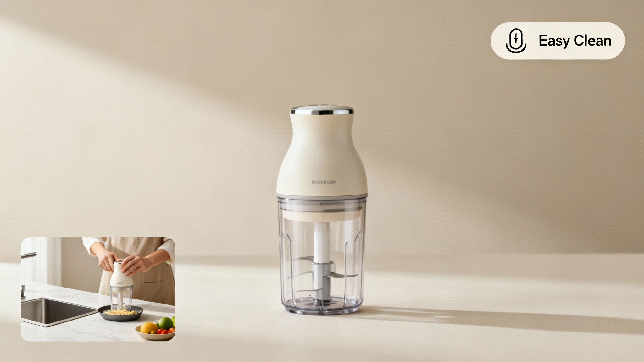 A cream-colored food chopper on a light background, with an inset of it in use. Features 'Easy Clean'.