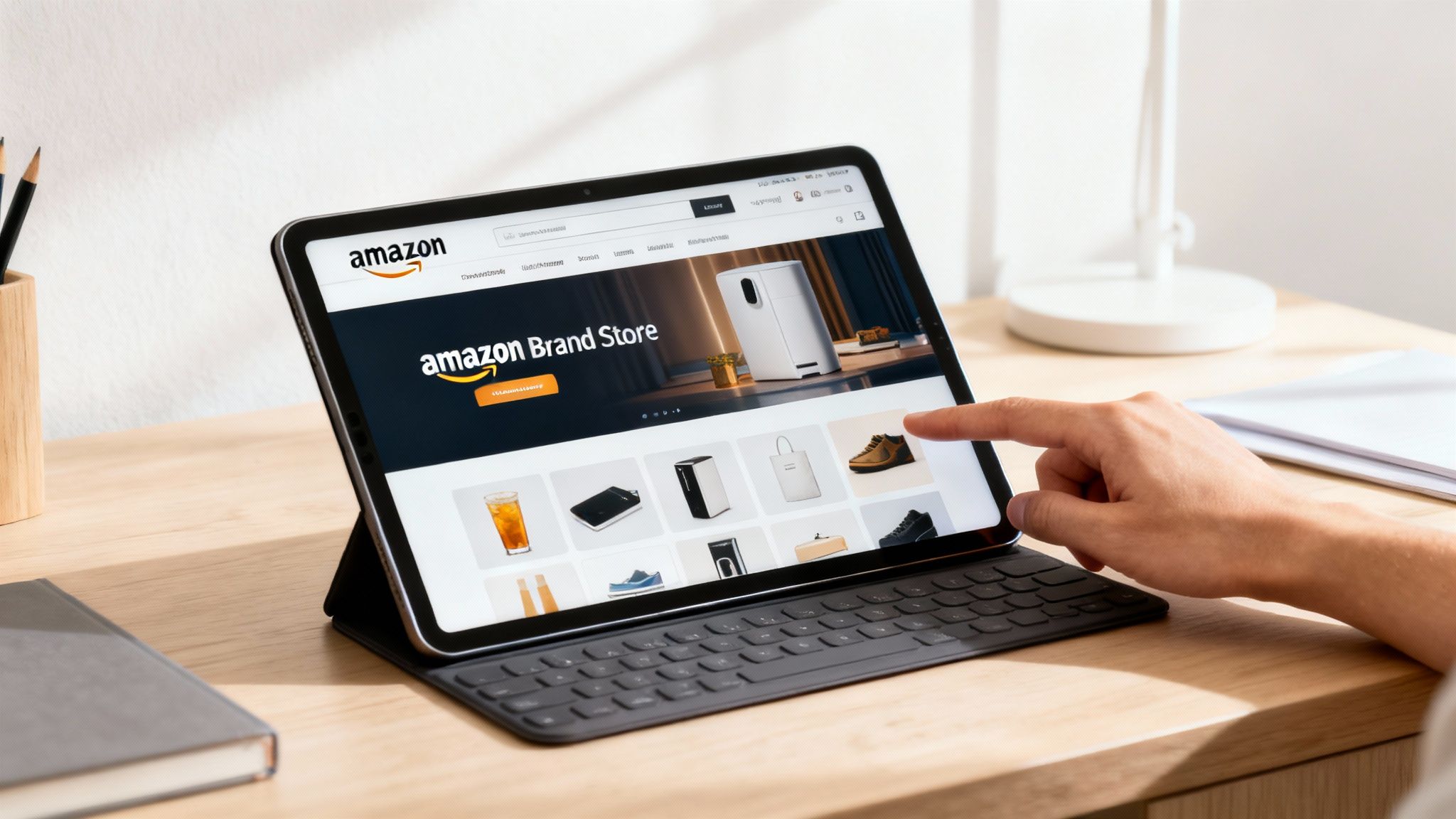 A person's hand interacts with a tablet showing the Amazon Brand Store website on a desk.