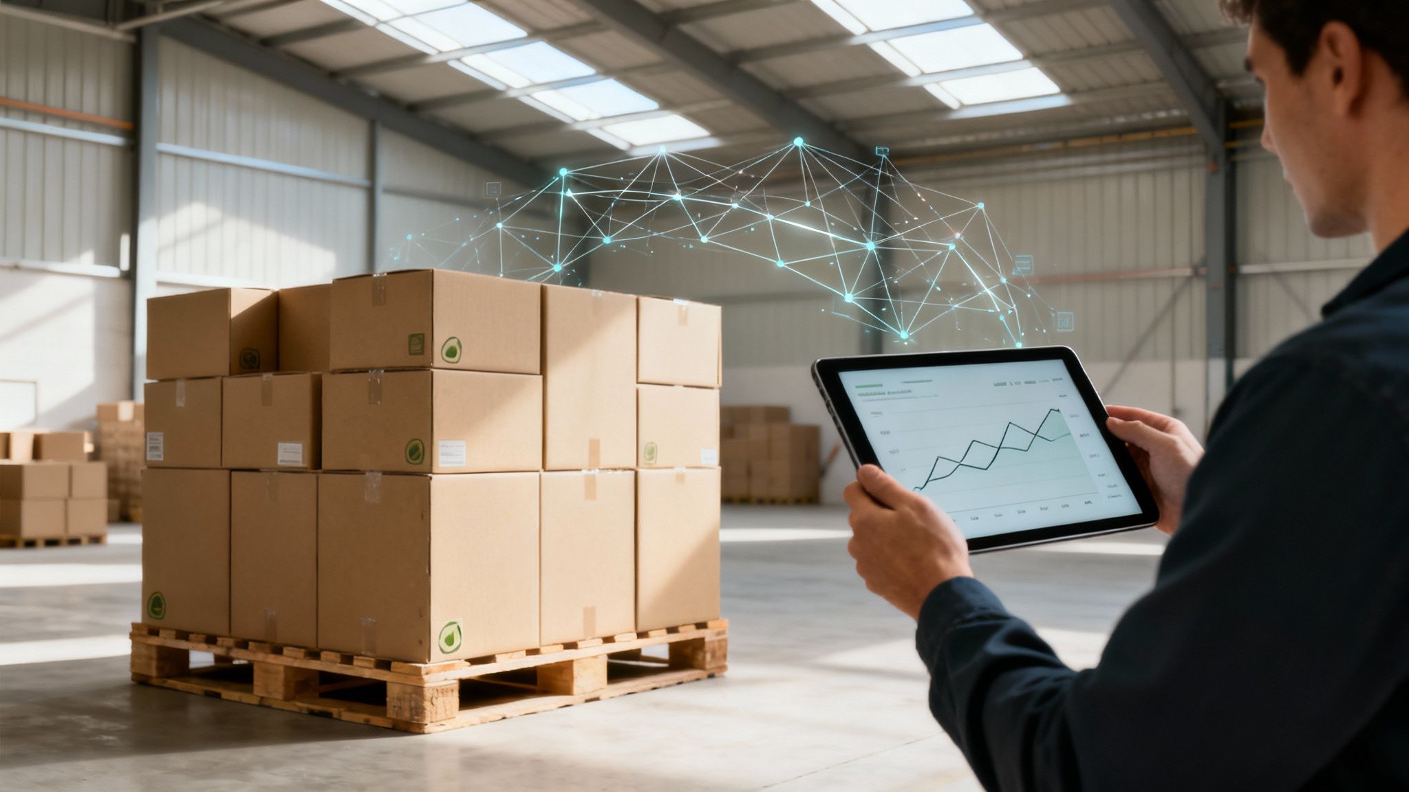 A man uses a tablet to manage inventory, showing data connected to boxes in a warehouse.