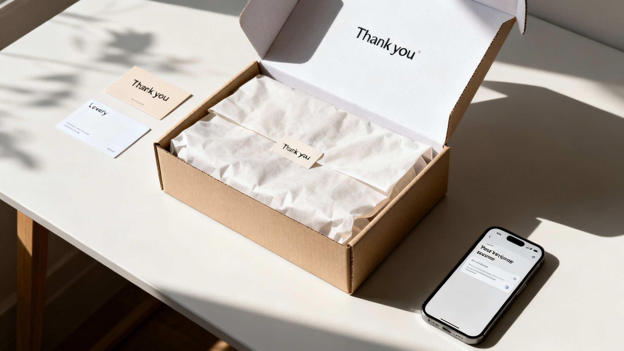 An open brown cardboard box with "Thank you" branding and tissue paper, along with thank-you cards and a smartphone.