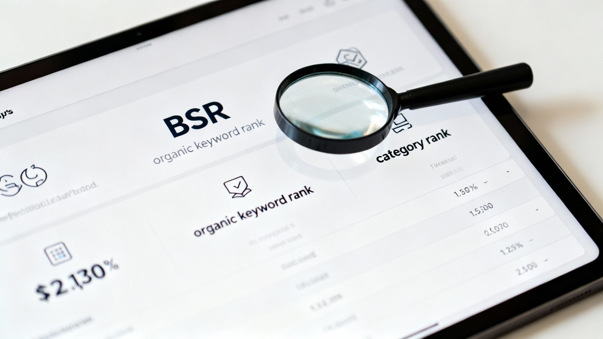 A magnifying glass on a tablet screen displays SEO metrics like BSR, organic keyword, and category rank.