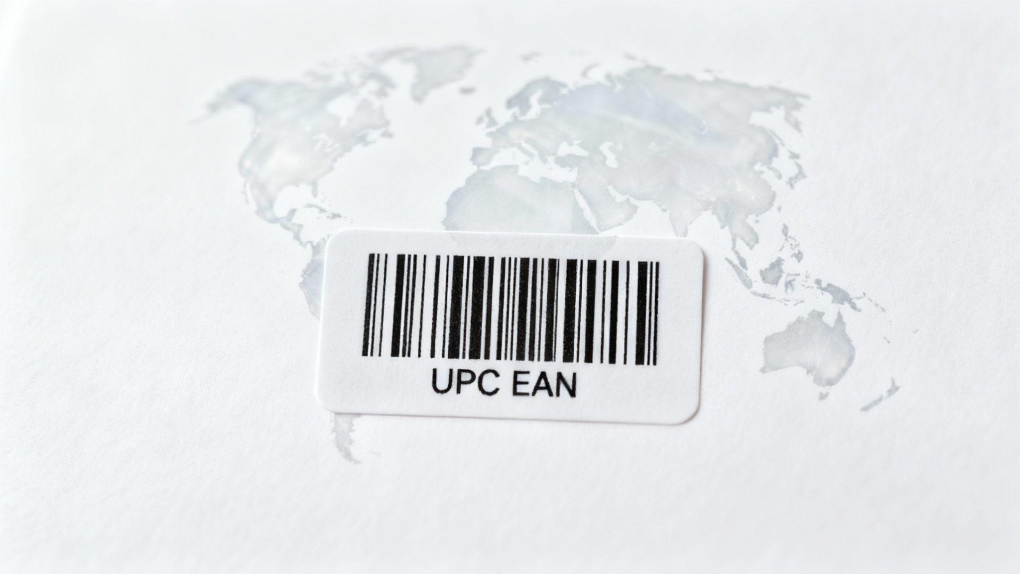 A barcode label with 'UPC EAN' text is placed on a white surface featuring a faint world map.