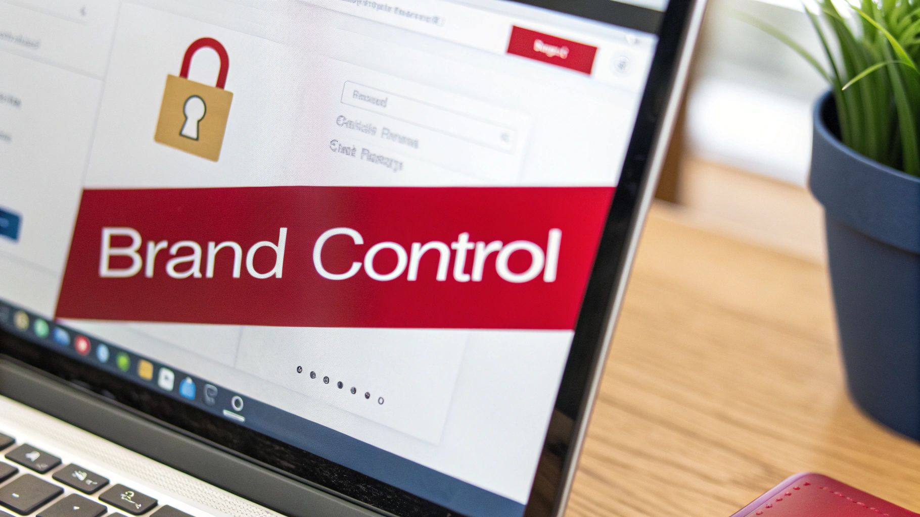 Laptop screen displaying Brand Control text with security lock icon for Amazon seller protection