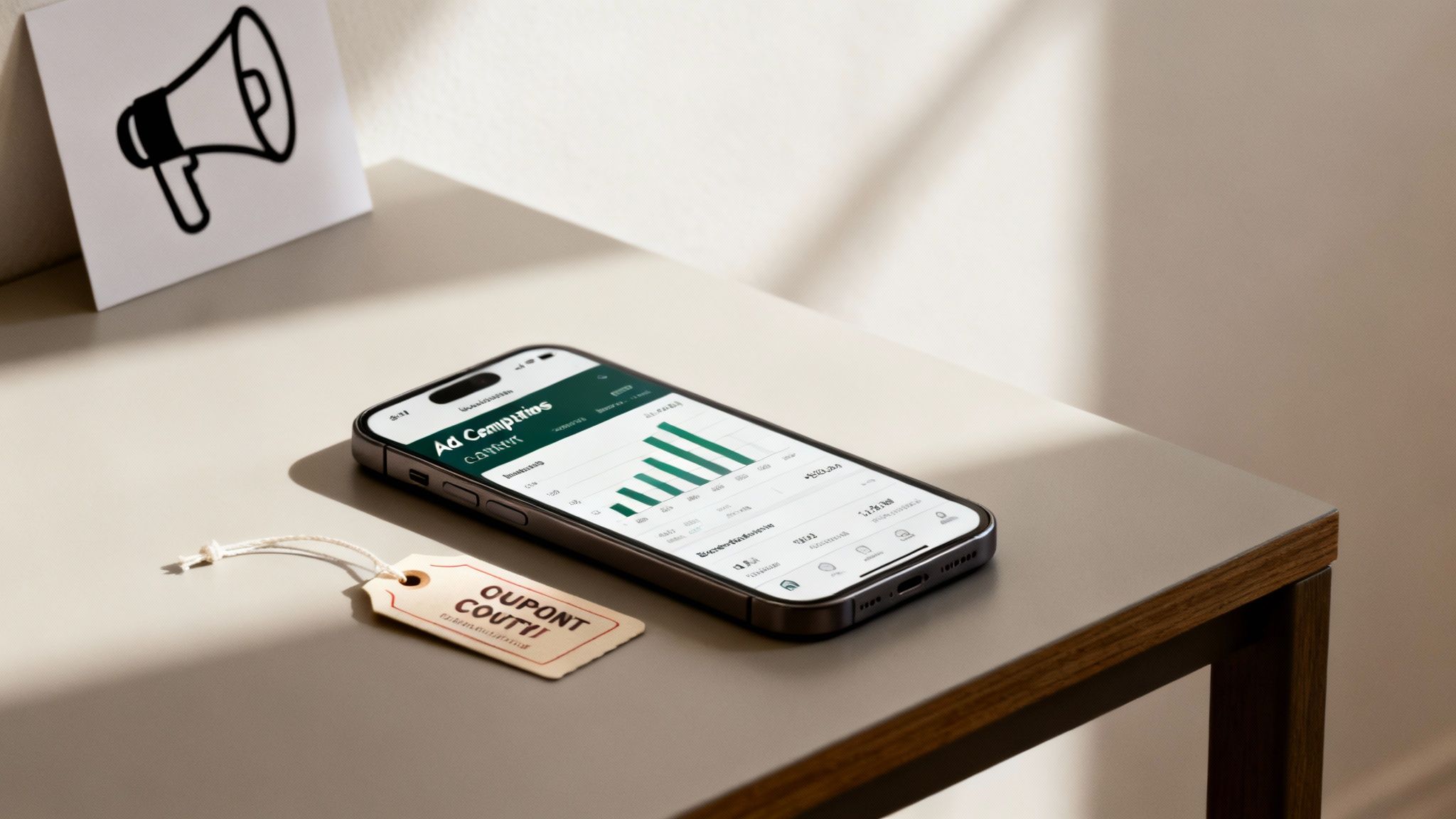 A smartphone displaying ad campaign analytics on a table, next to a 'Dupont Couti' tag and a megaphone icon.