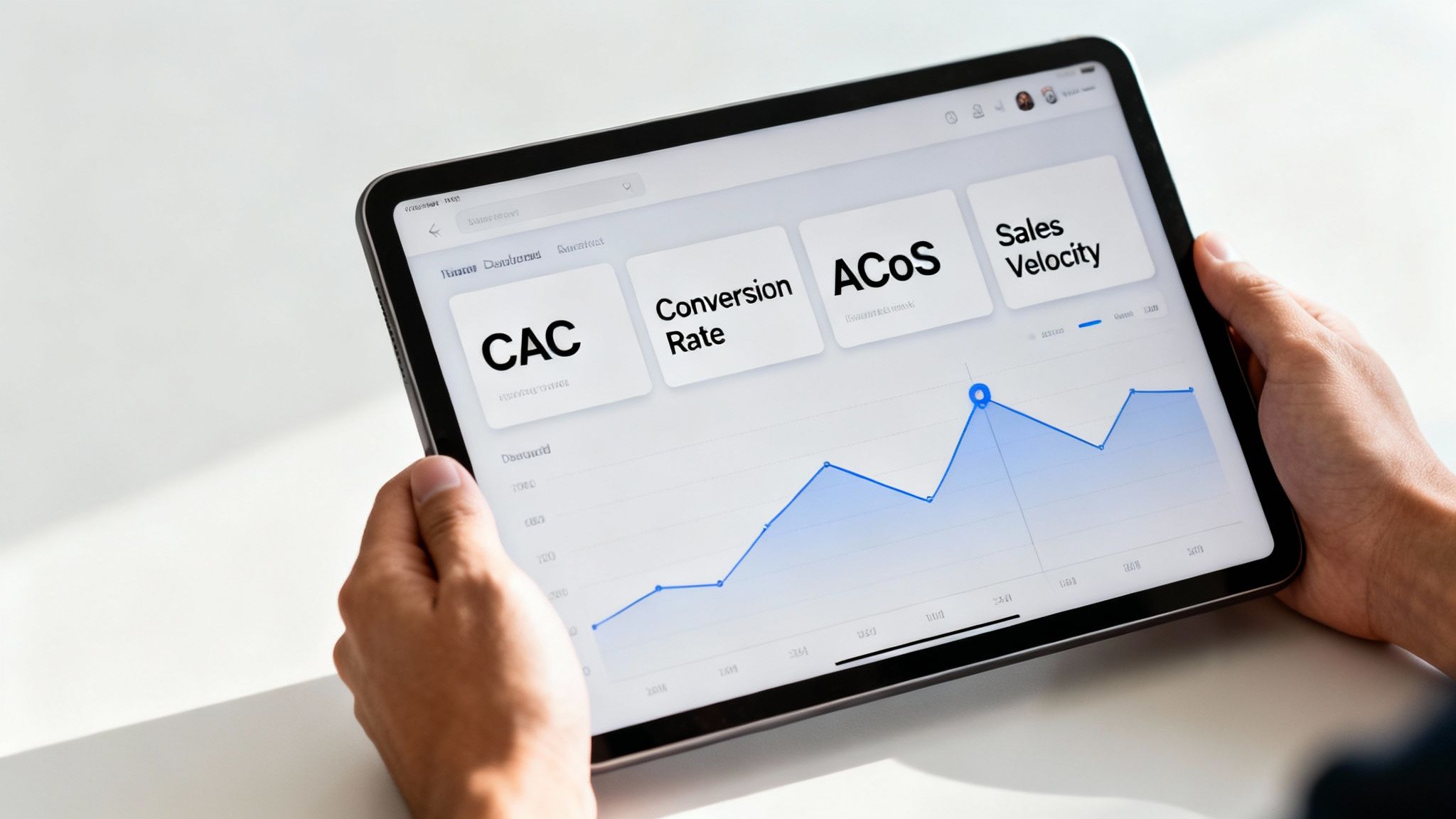 A person holds a tablet displaying a business dashboard with marketing and sales metrics and a line graph.