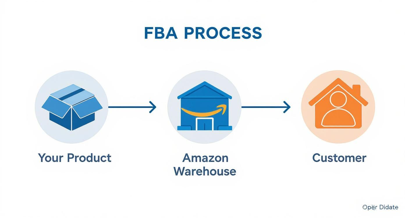 Diagram illustrating the Amazon FBA process flow from product to warehouse to customer.