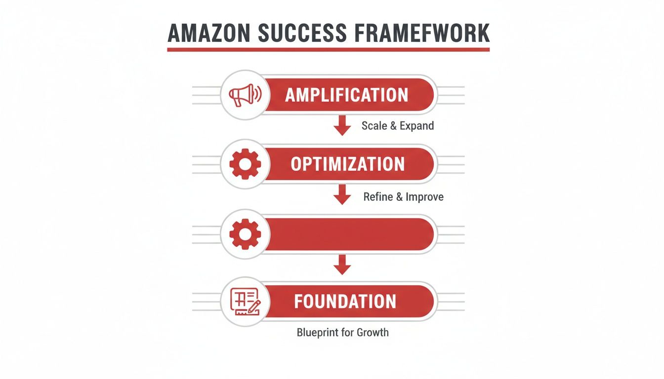 Amazon Success Framework diagram showing steps: Amplification, Optimization, and Foundation for growth.
