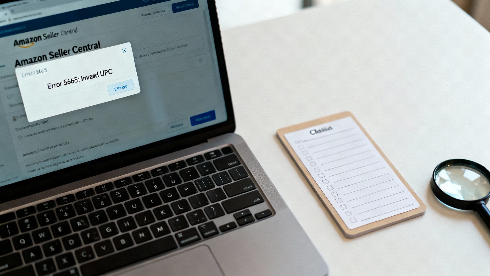 A laptop displays an Amazon Seller Central error message 'Error 5665: Invalid UPC' on a white desk.