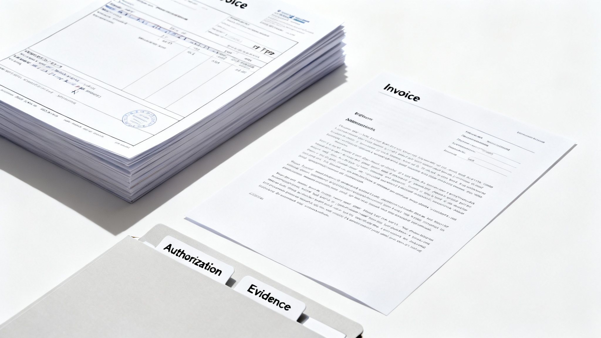 A stack of invoices, a single invoice, and a file folder with 'Authorization' and 'Evidence' tabs.