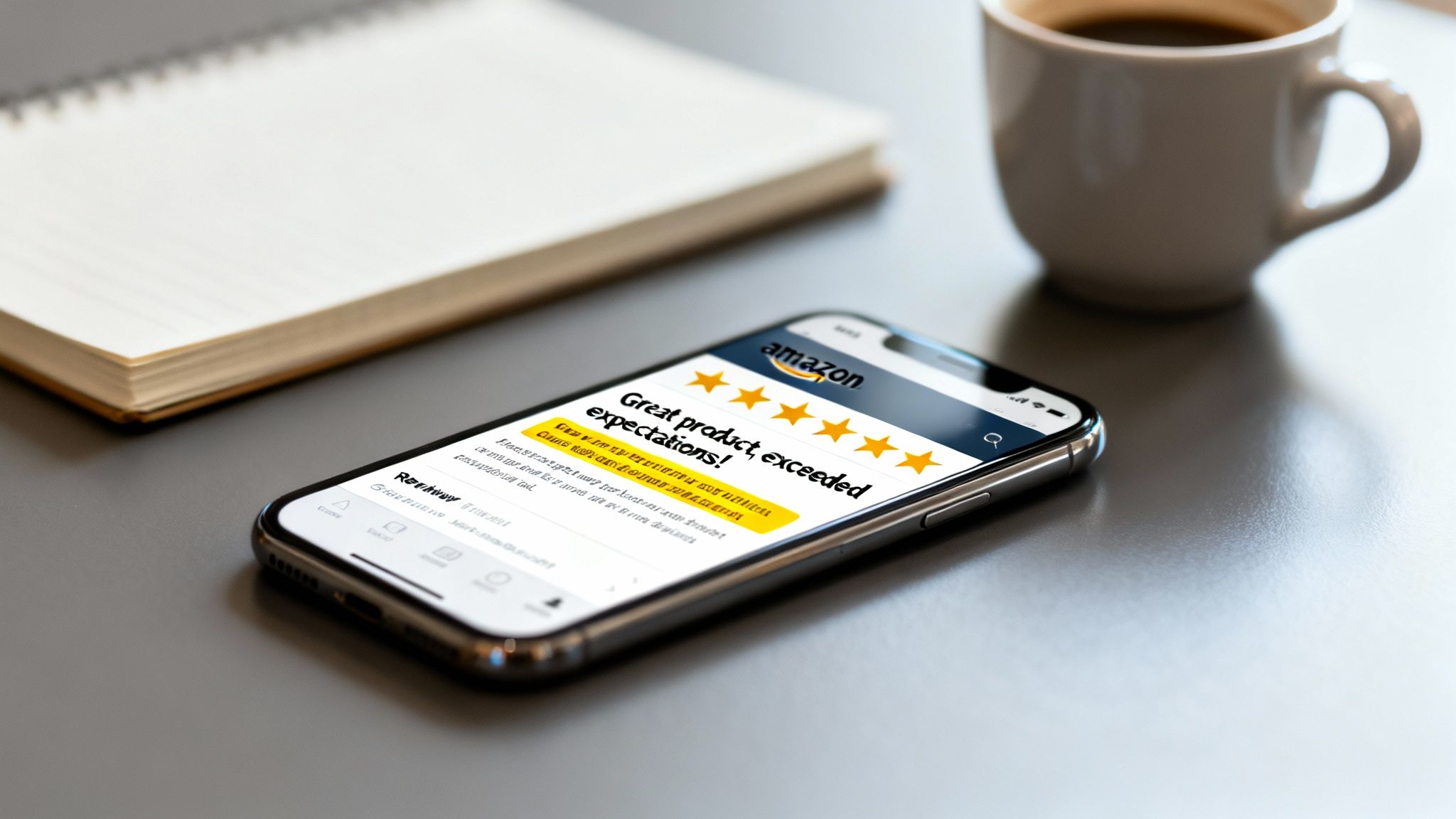 A smartphone displaying a 5-star Amazon review, next to a notebook and coffee.