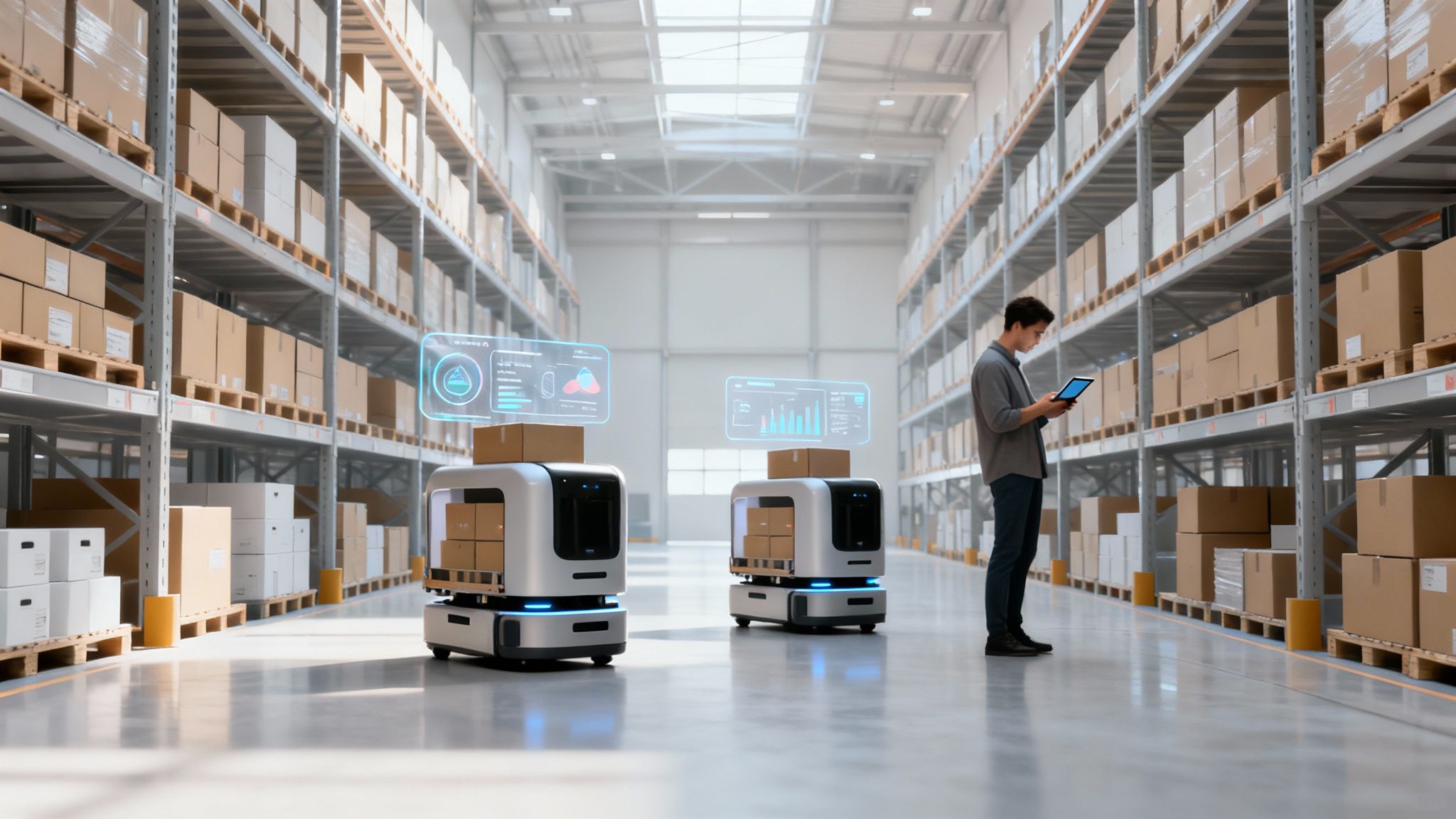 A man checks inventory on a tablet next to autonomous robots in a modern warehouse.