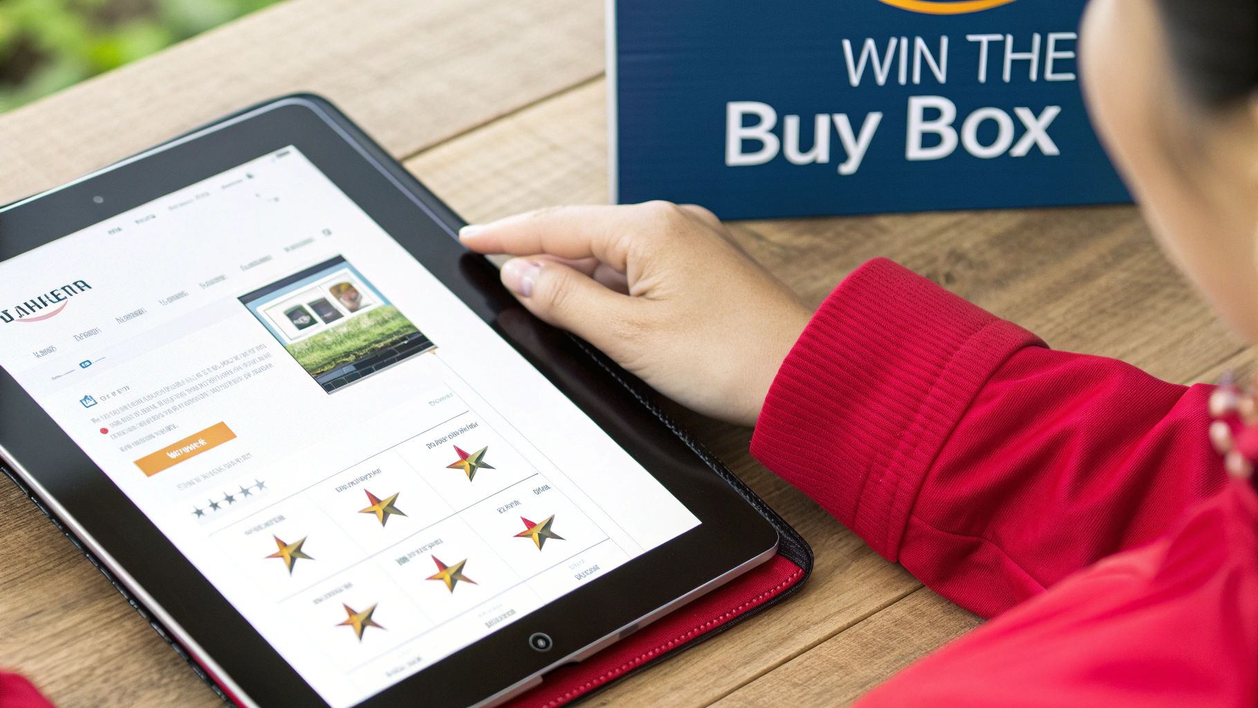 A customer leaving a five-star review on a smartphone, with an Amazon product page in the background, symbolizing social proof.