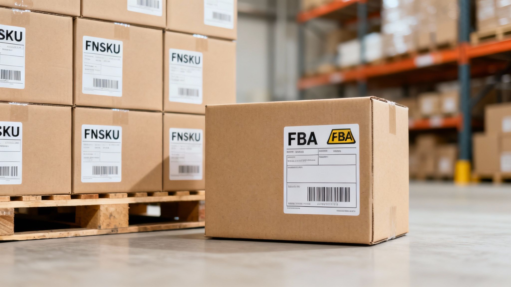 Cardboard boxes with FBA and FNSKU labels stacked on a pallet in a warehouse.