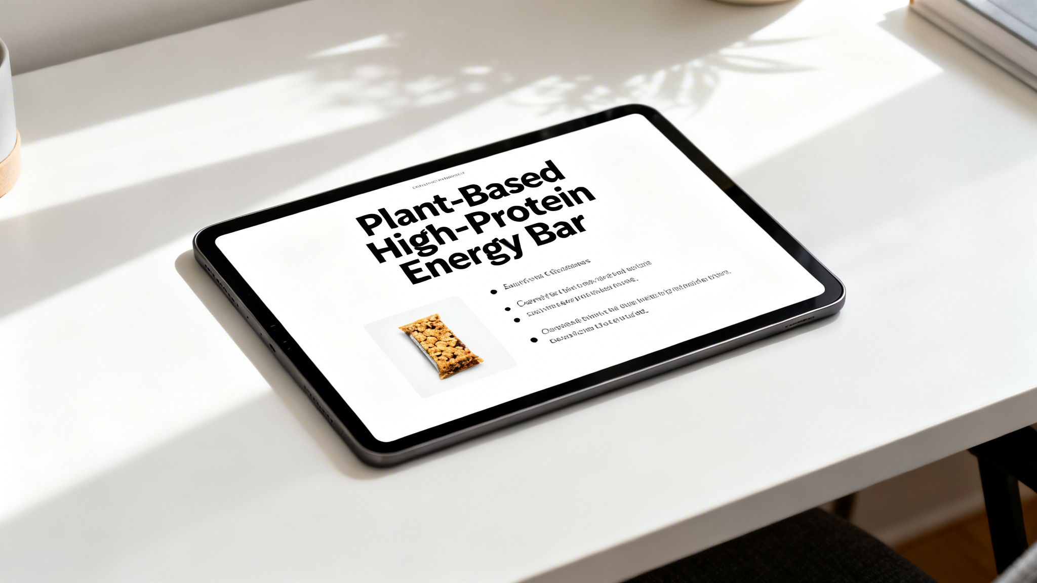A tablet on a clean white desk displays a webpage about a plant-based high-protein energy bar.