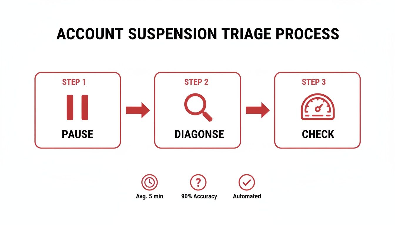 A three-step flowchart showing the account suspension triage process: Pause, Diagnose, Check.