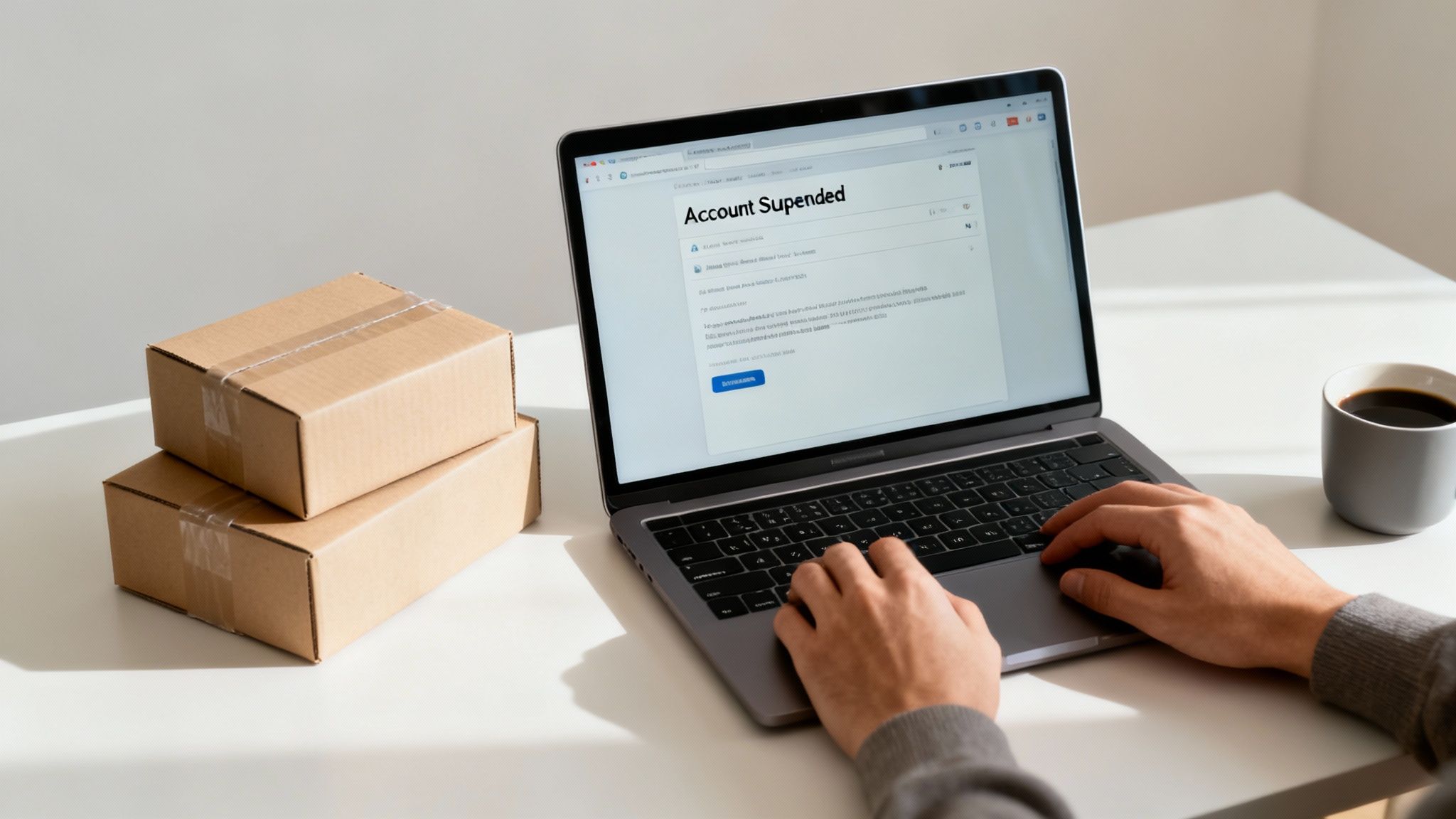 A person's hands on a laptop displaying an 'Account Suspended' message, with boxes and coffee nearby.