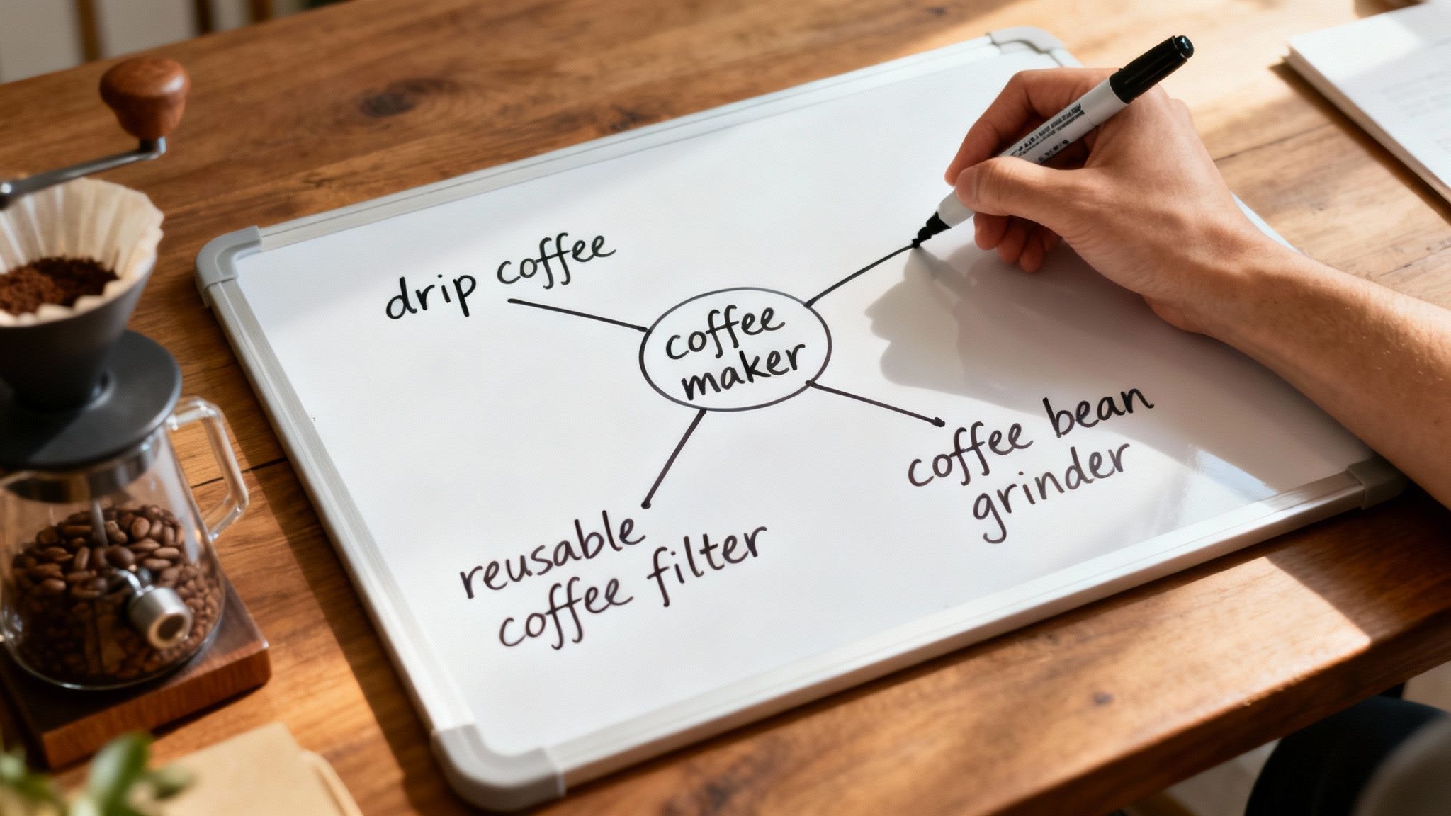 Overhead view of a hand writing on a whiteboard mind map about coffee makers, next to pour-over coffee equipment.