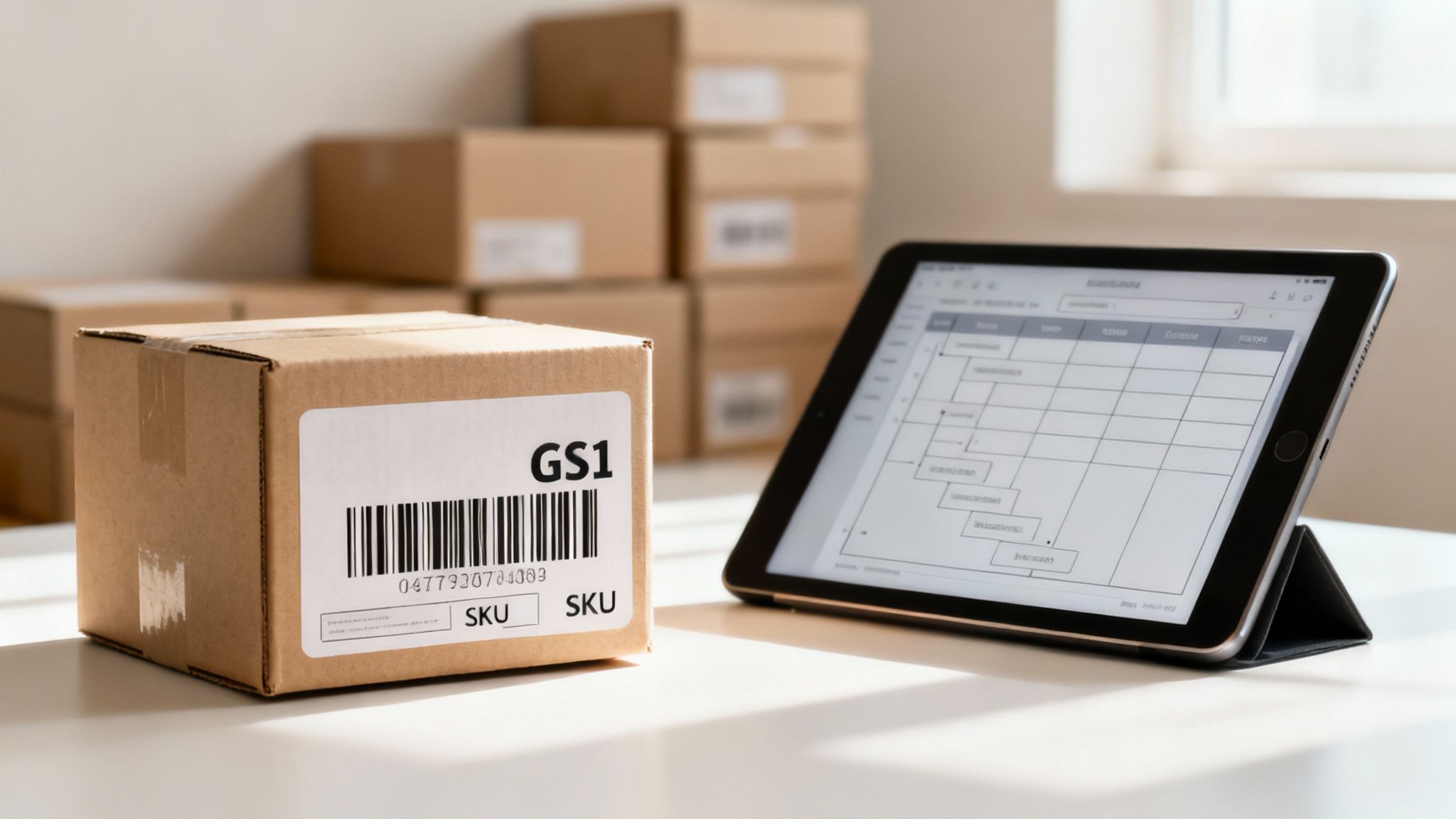 A cardboard box with a GS1 label and barcode next to a tablet showing an inventory system, with more boxes in the background.
