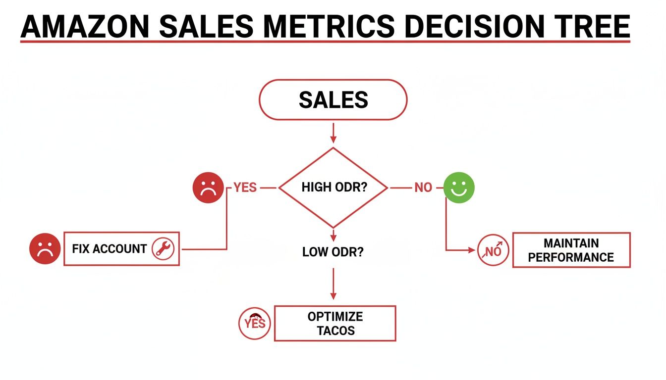 Amazon sales metrics decision tree flowchart detailing steps for high ODR, low ODR, and maintaining performance.