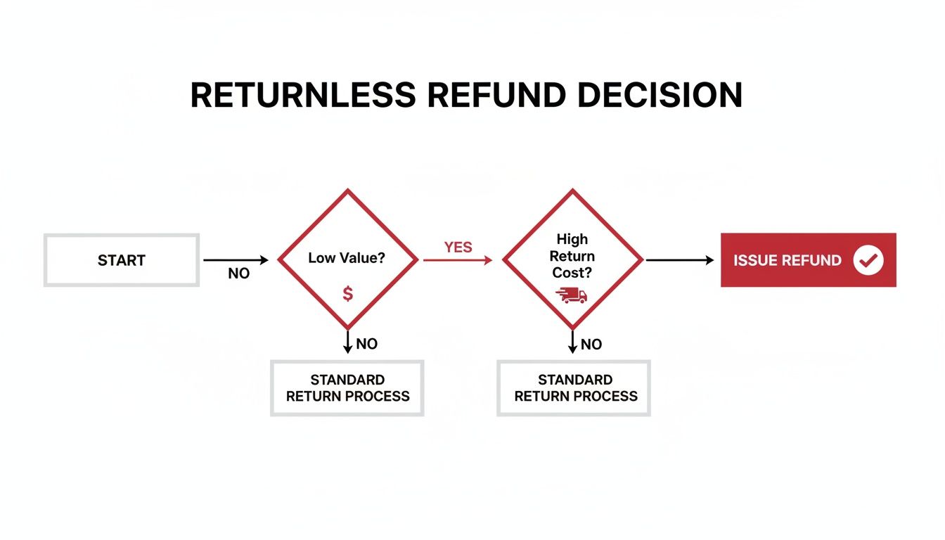 Flowchart illustrating the returnless refund decision process based on product value and return cost.