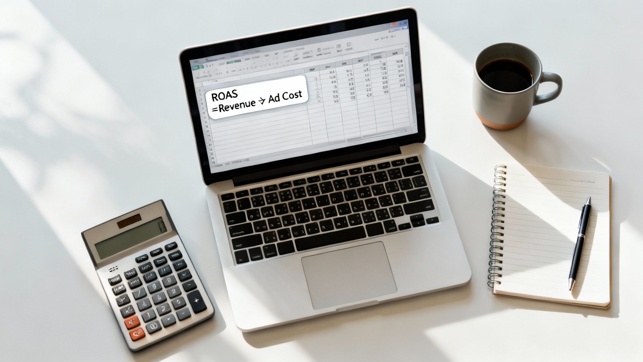 Laptop showing Return On Ad Spend formula, calculator, coffee, and notepad on a white desk.