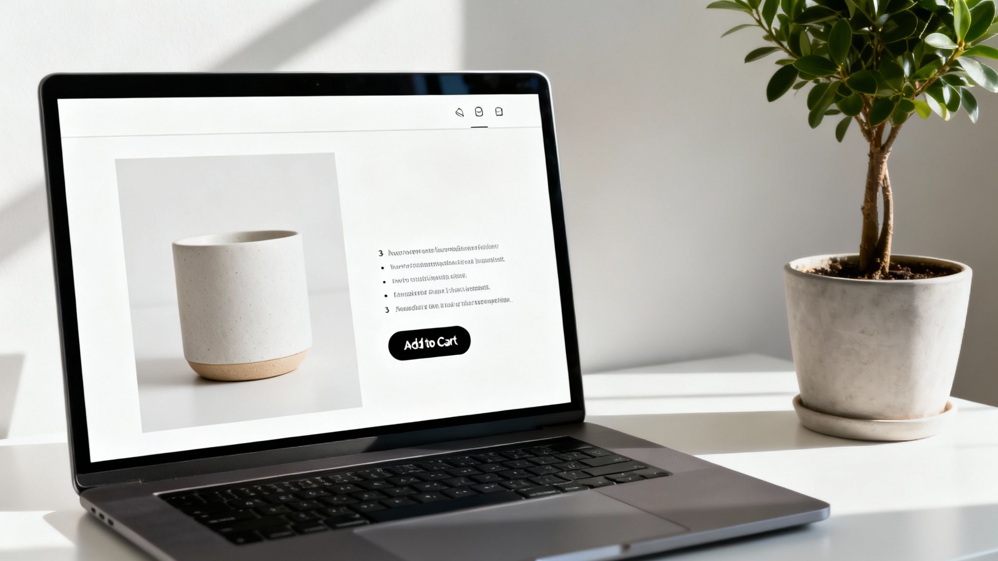 A laptop displays an e-commerce page featuring a white ceramic mug, placed on a white desk next to a potted plant.