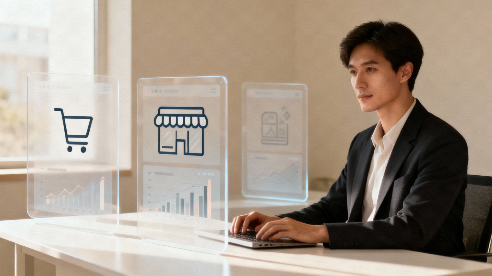 A focused man uses a laptop with transparent screens displaying e-commerce data and icons.