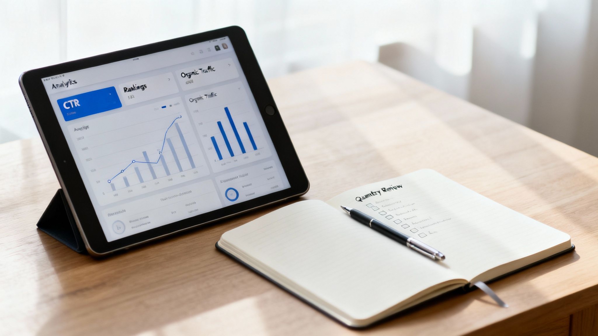 A tablet displays marketing analytics charts alongside a notebook and pen on a wooden desk.