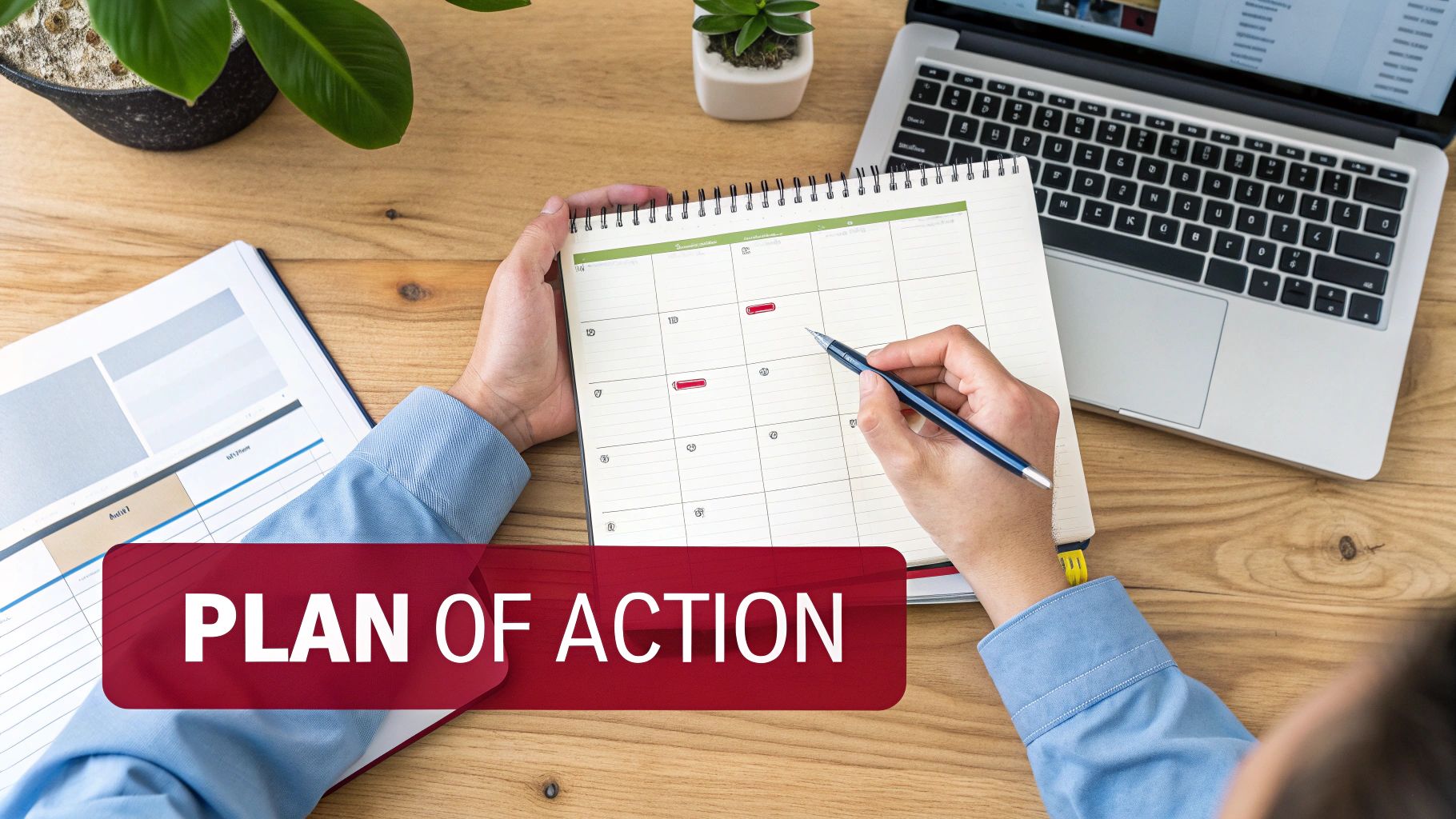 Business professional writing on calendar planner with laptop and documents creating action plan strategy