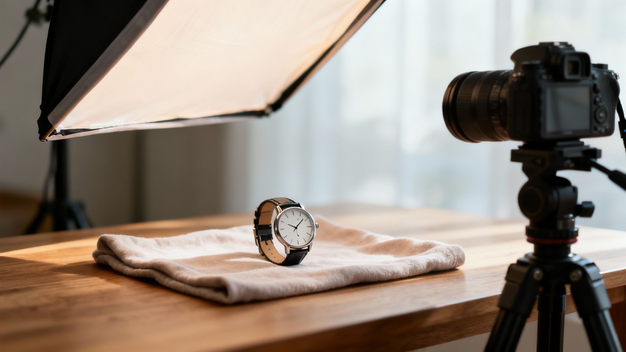 A watch on a soft cloth being photographed with a camera on a tripod and a softbox light setup.