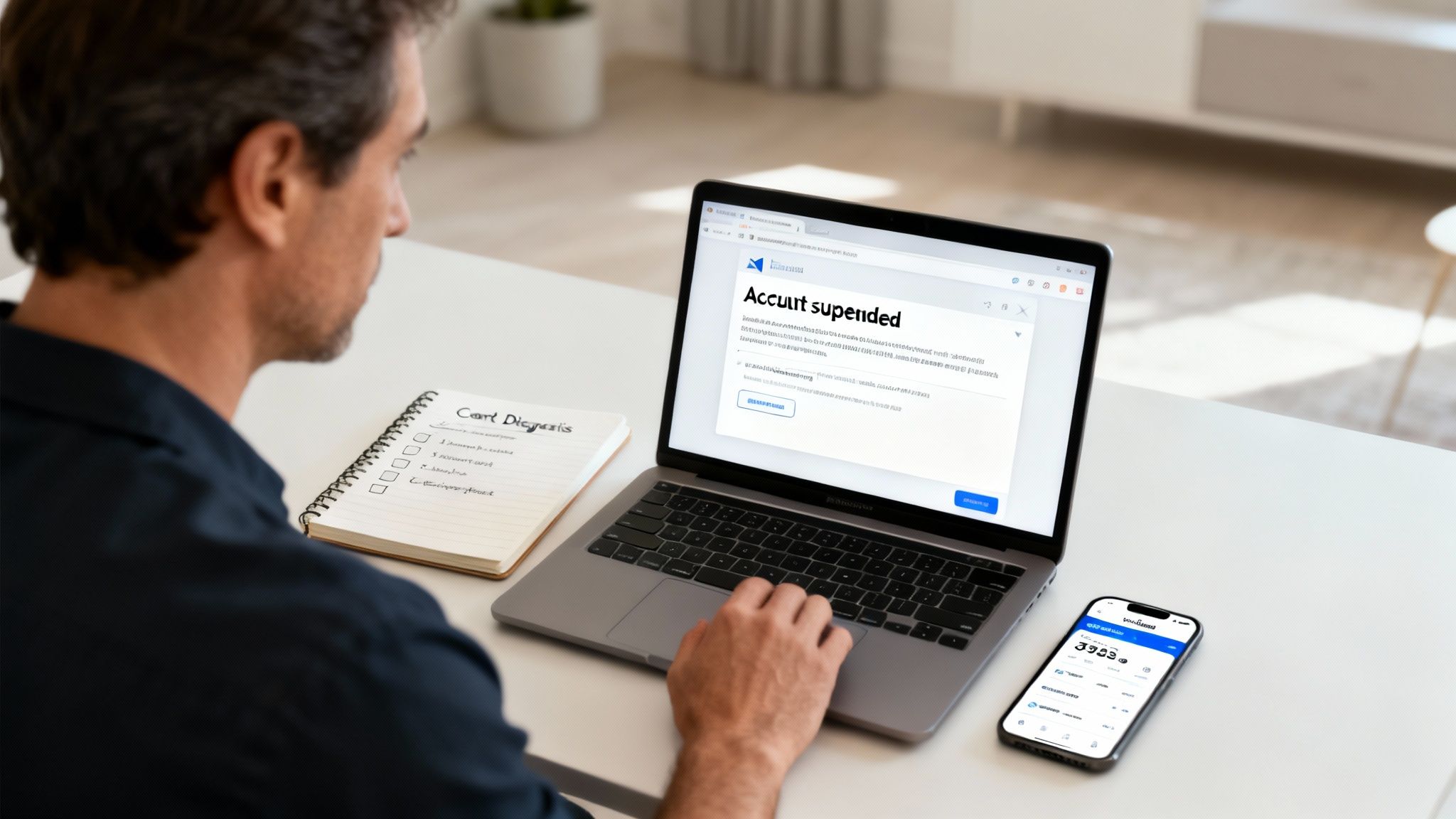 A man looks at a laptop showing an "Account suspended" message, with a notebook and phone.