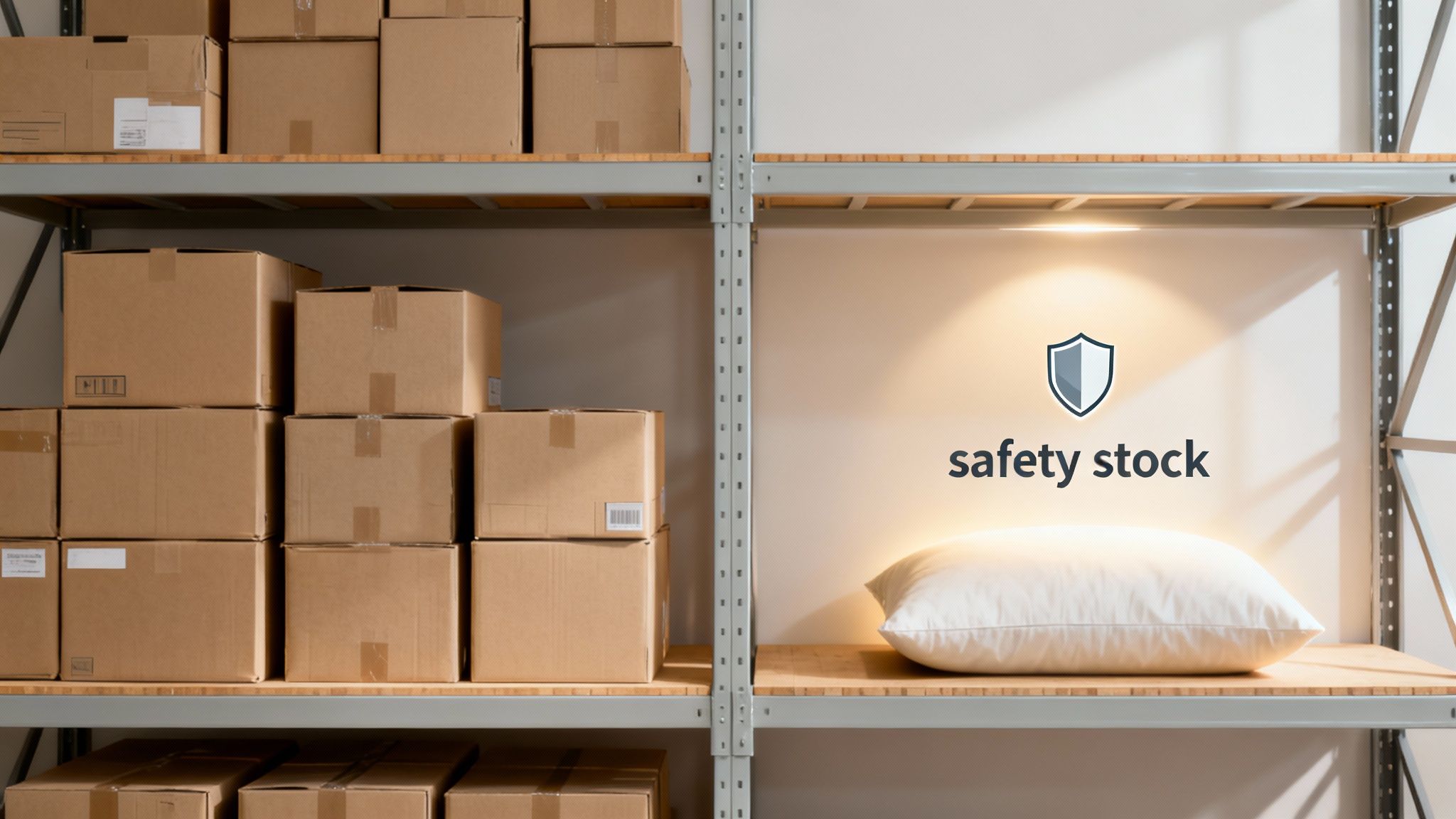A warehouse shelf features a white pillow and 'safety stock' text, beside shelves of cardboard boxes.